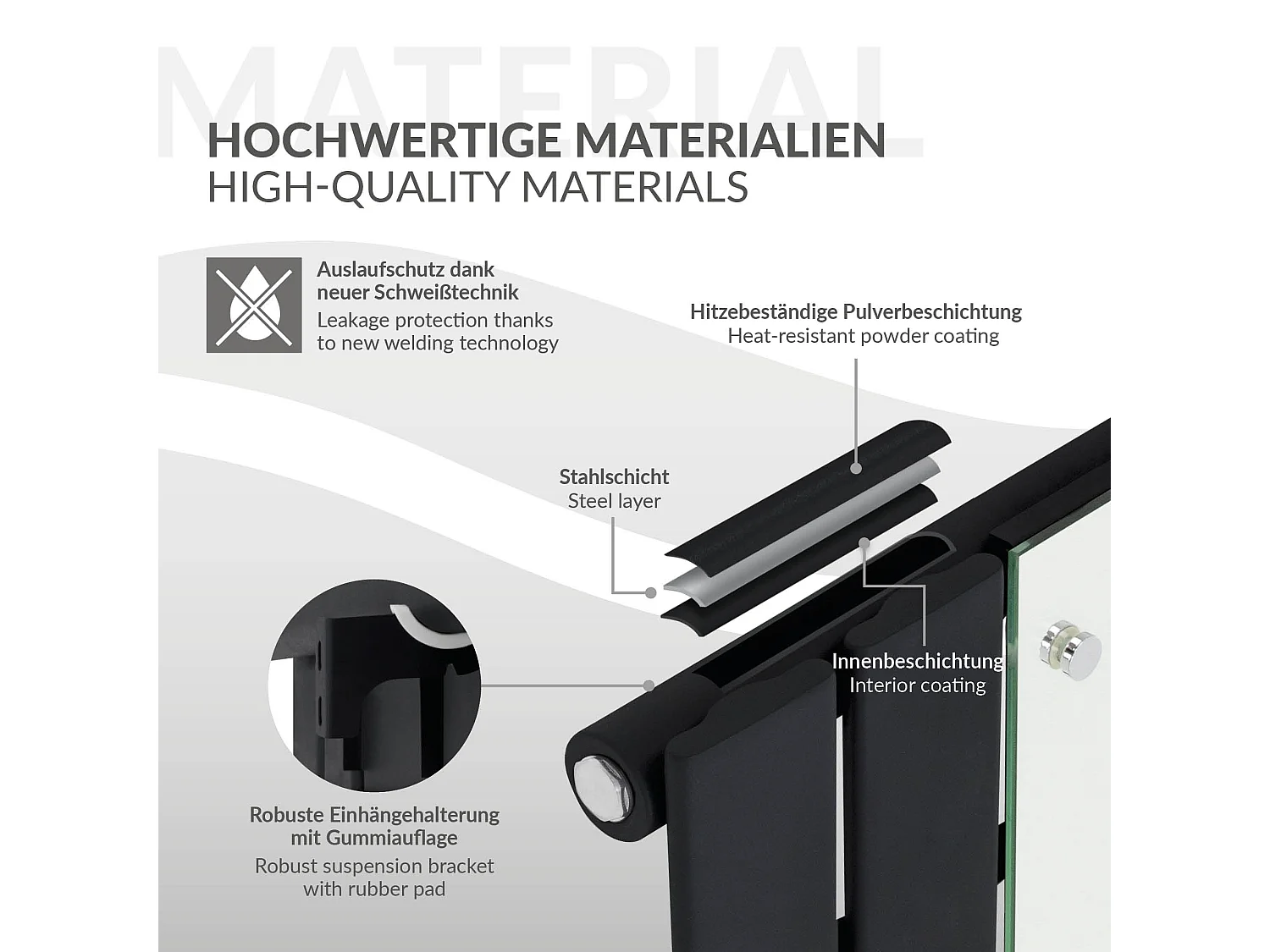 Radiateur plat noir mat 450x1600 mm avec miroir et kit raccordement universel