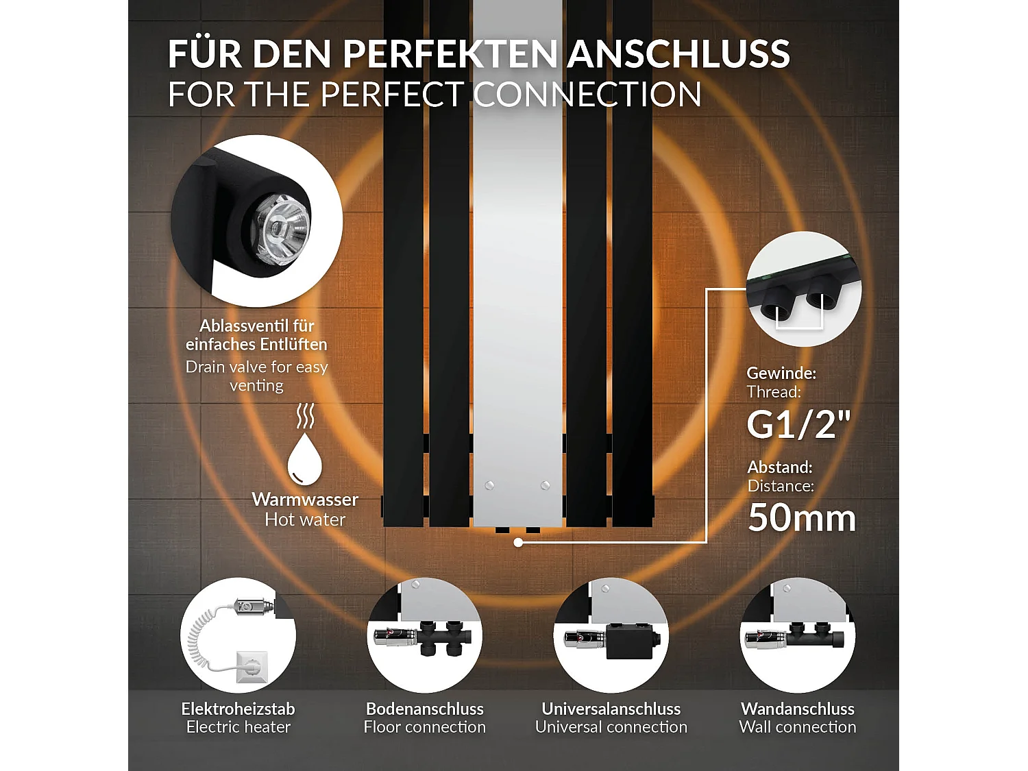 Radiateur plat noir mat 450x1600 mm avec miroir et kit raccordement universel