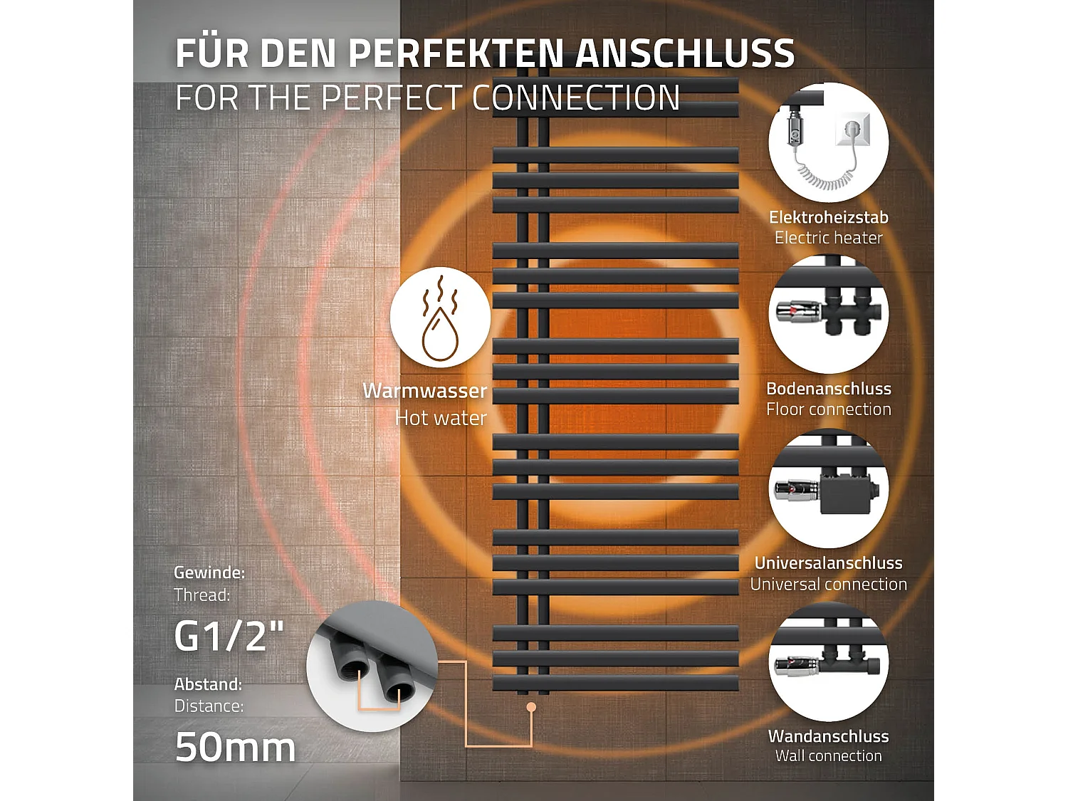 Iron EM Design Radiador de calefacción para baño, secador de toallas, antracita, 600 x 1600 mm