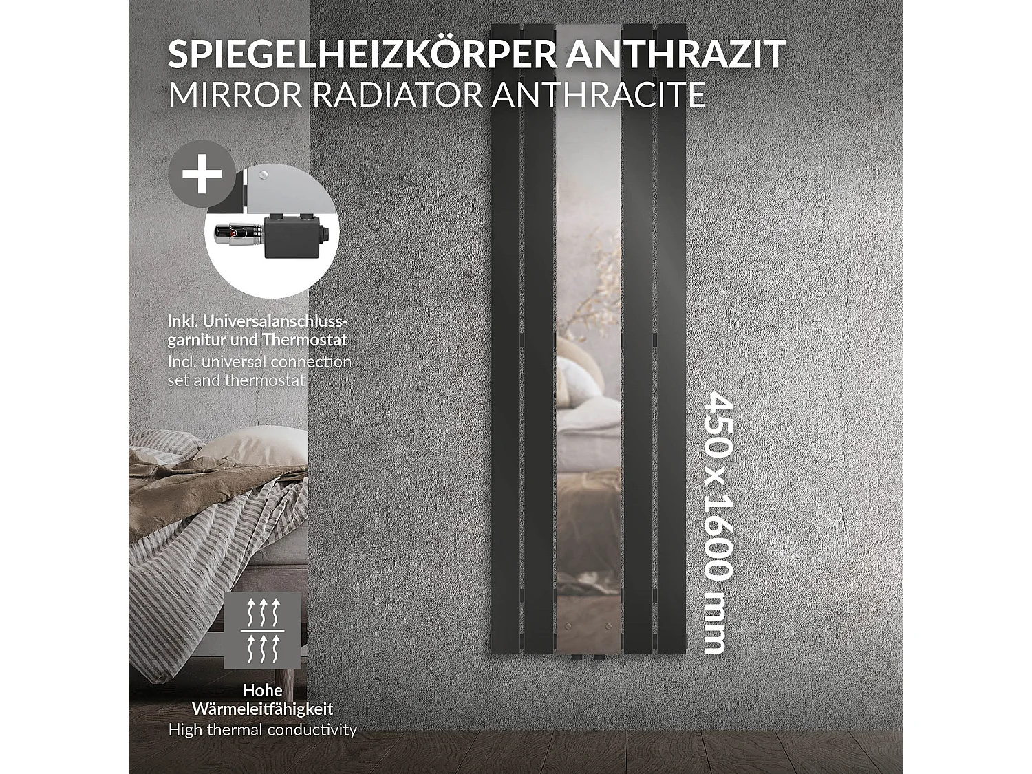 Radiateur plat anthracite 45x160 cm avec miroir et kit raccordement universel