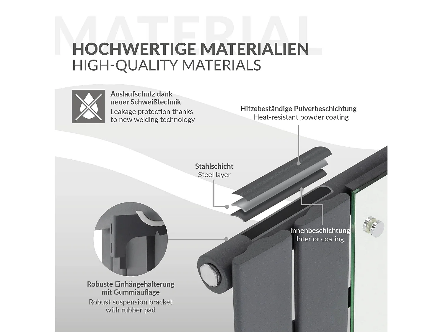 Radiateur plat anthracite 45x160 cm avec miroir et kit raccordement universel