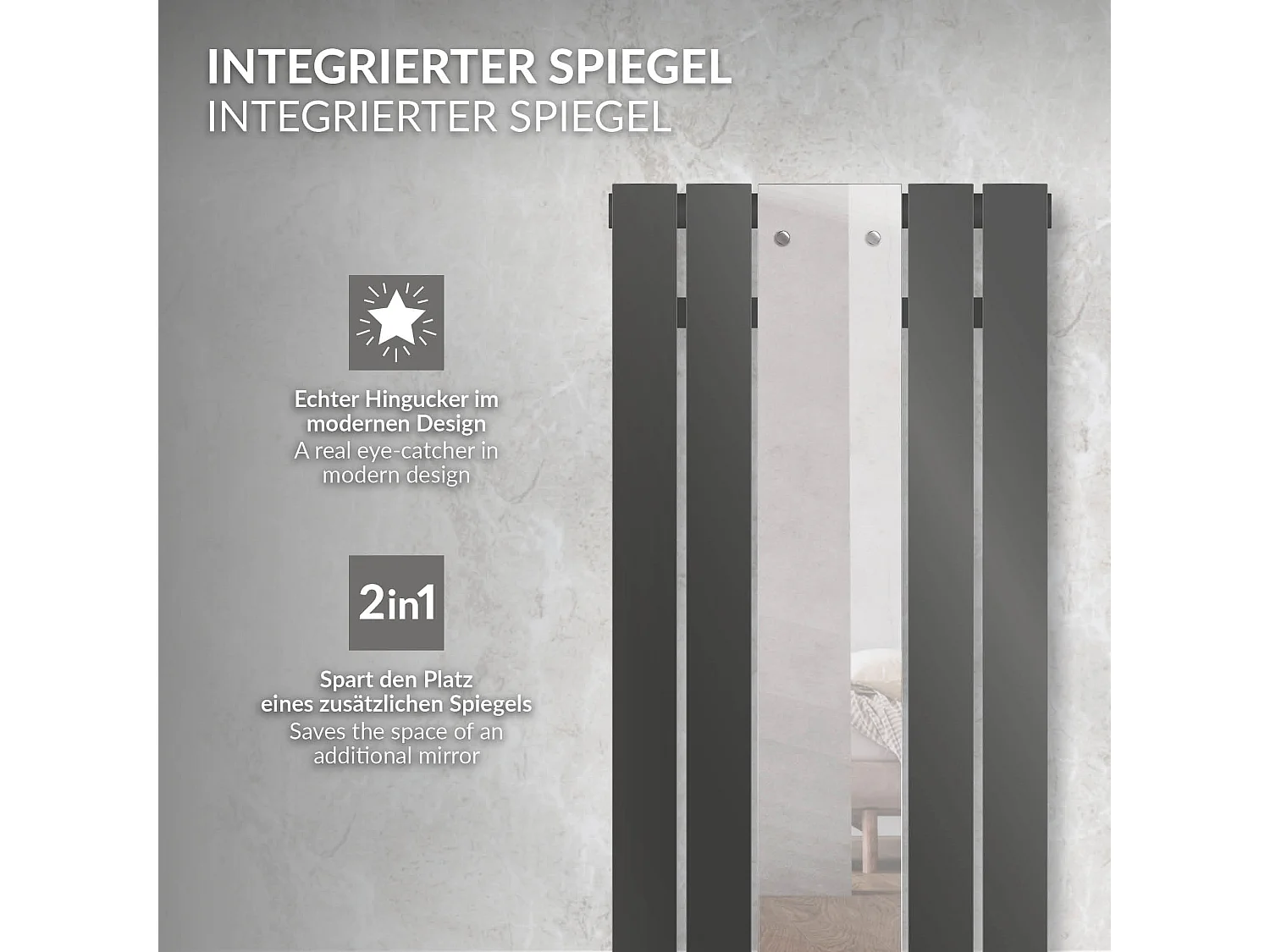 Radiateur plat anthracite 45x160 cm avec miroir et kit raccordement universel