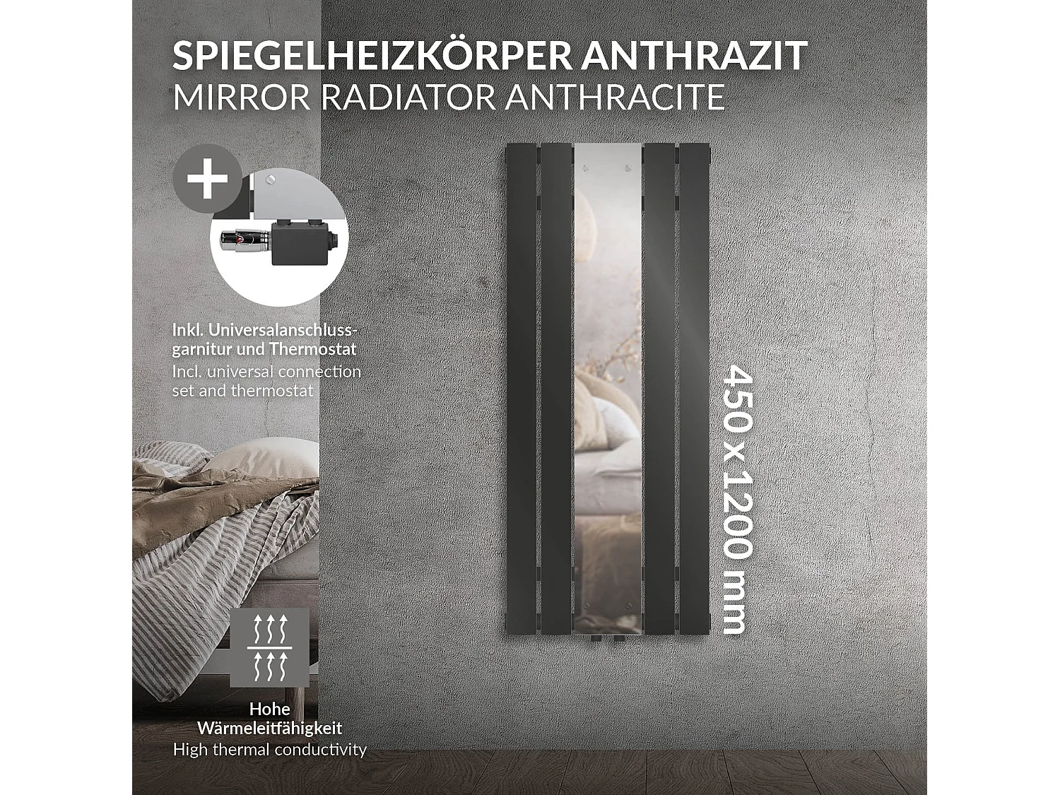 Radiateur plat anthracite 45x120 cm avec miroir et kit raccordement universel
