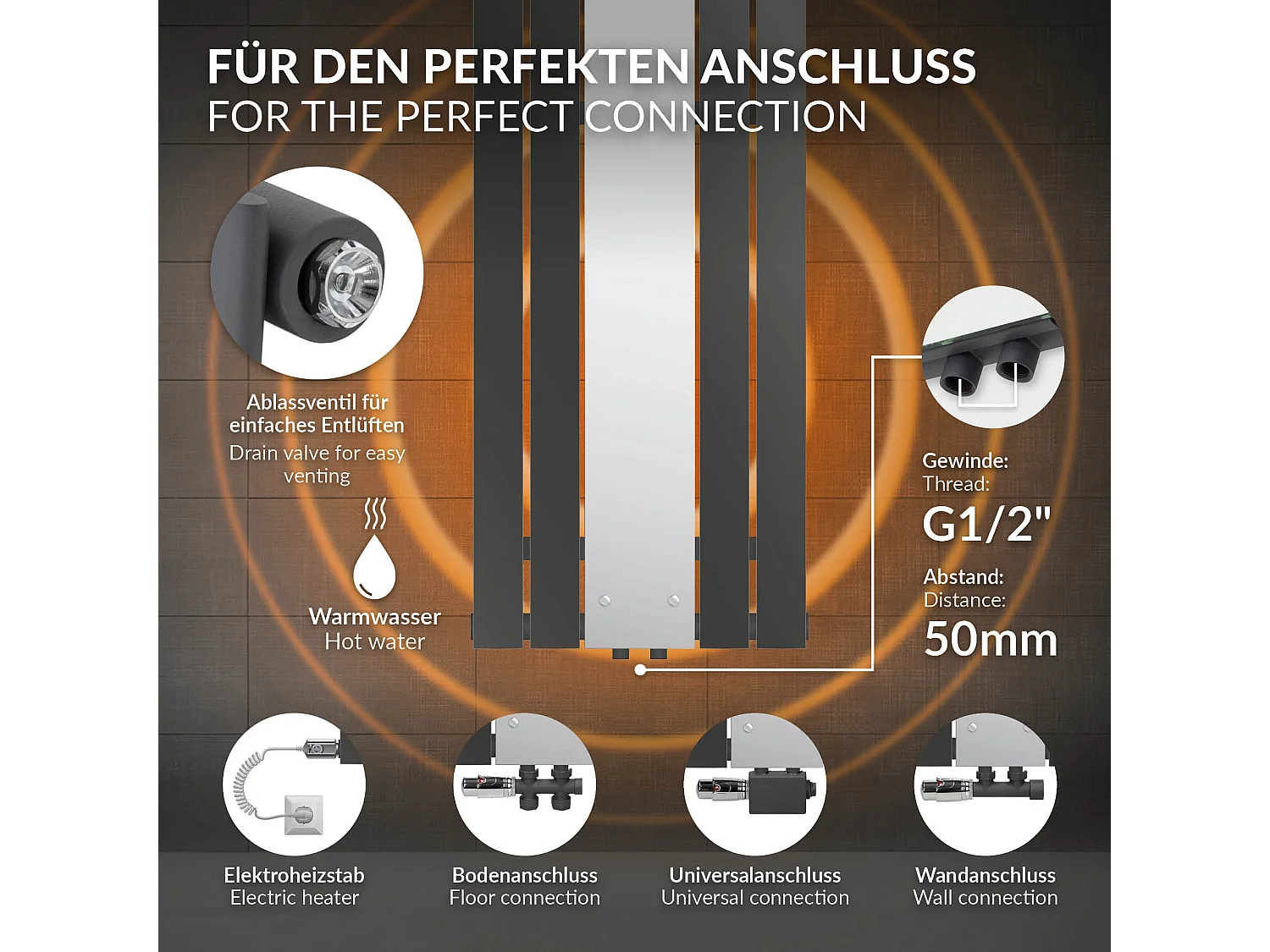 Radiateur plat anthracite 45x120 cm avec miroir et kit raccordement universel