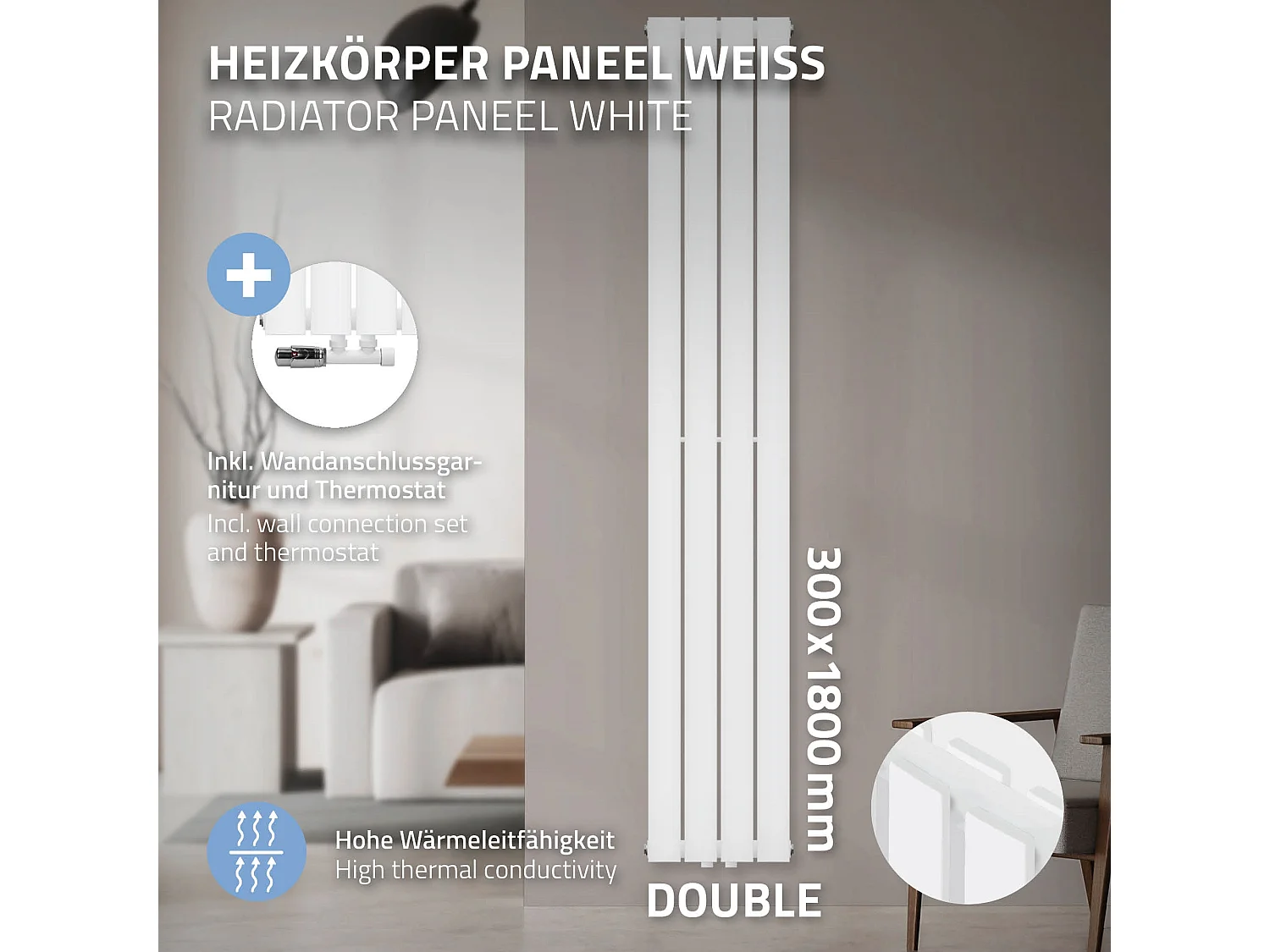 Radiatore a pannello doppio termoarredo bianco 300x1800 mm connessione a parete