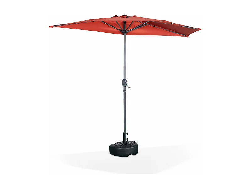 Parasol de balcon Ø250cm  – CALVI – Demi-parasol droit. mât central en aluminium avec manivelle d’ouverture. toile terracotta