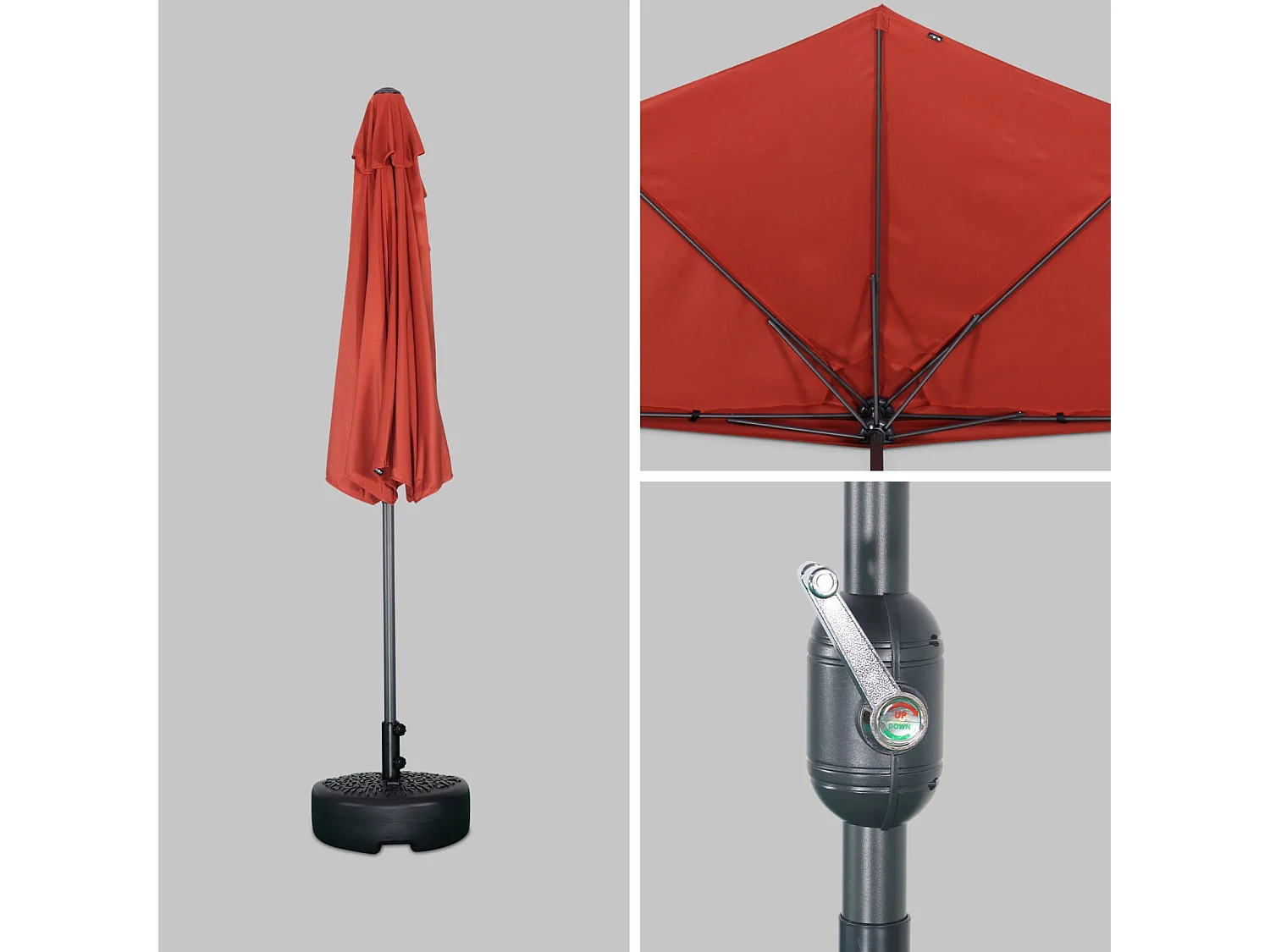Parasol de balcon Ø250cm  – CALVI – Demi-parasol droit. mât central en aluminium avec manivelle d’ouverture. toile terracotta