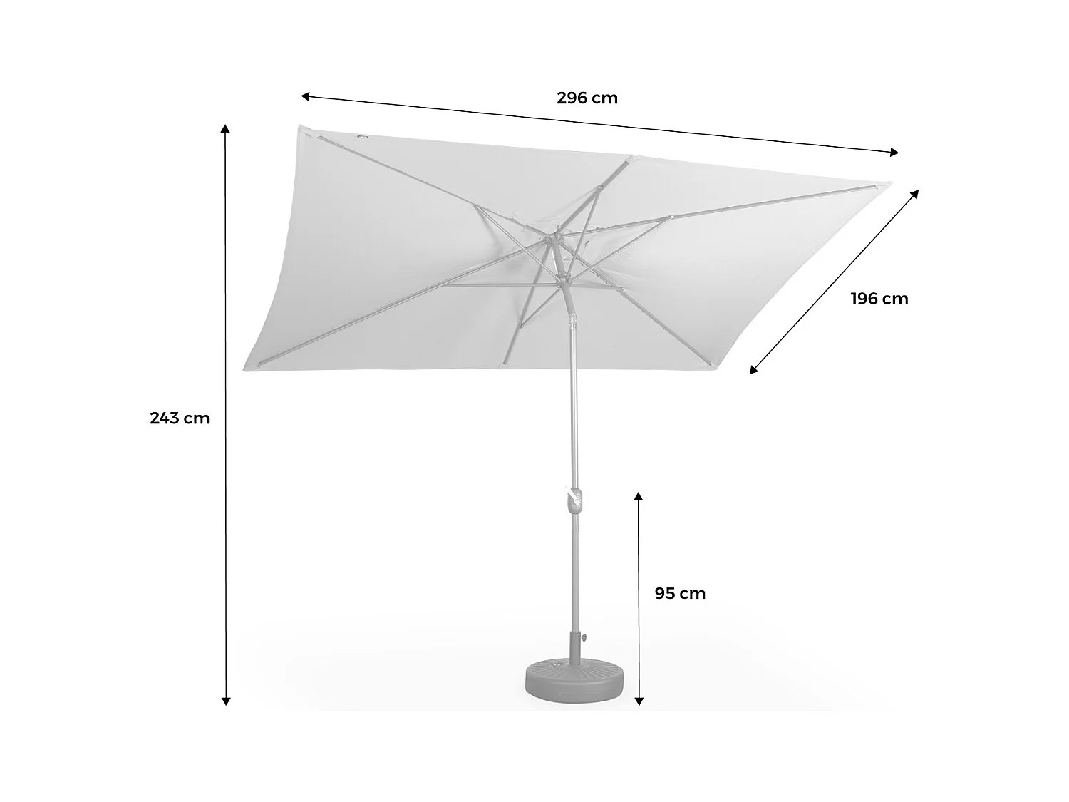 Parasol droit rectangulaire 2x3m - Touquet gris - mât central en aluminium orientable et manivelle d'ouverture