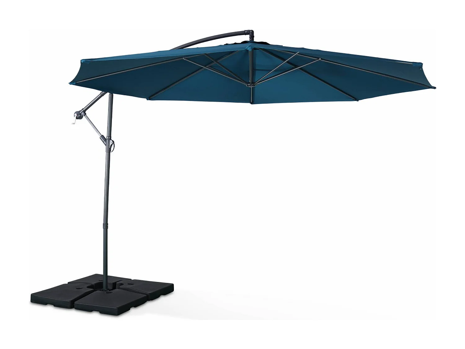 Parasol déporté Ø350cm - Hardelot - Coloris Bleu canard. structure anthracite. manivelle anti-retour.