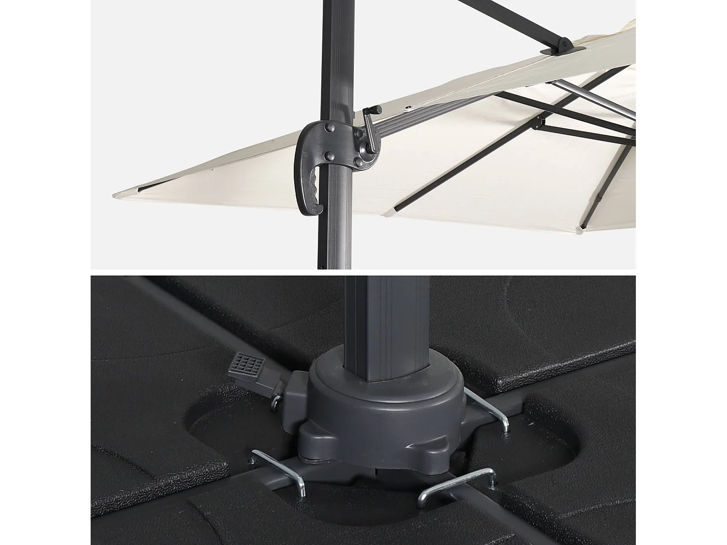 Parasol déporté rectangulaire écru 3x4m + dalles à lester 50x50cm