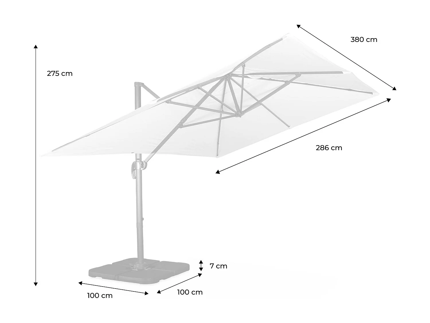 Parasol déporté rectangulaire bleu canard 3x4m + dalles à lester 50x50cm