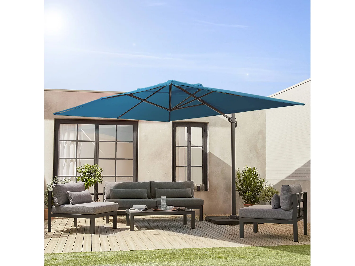 Ombrellone decentrato rettangolare 3x4m + base 50x50cm, blu