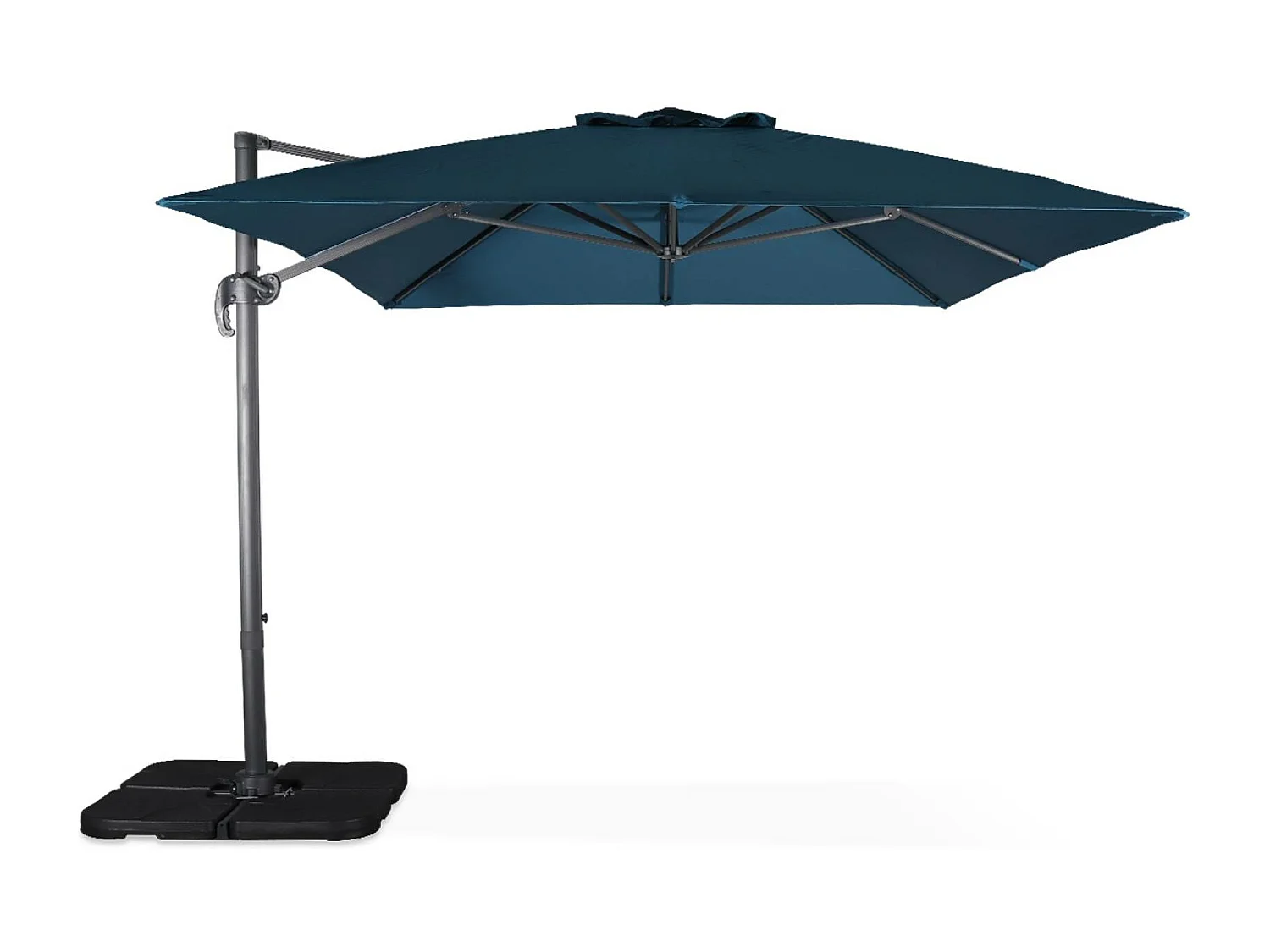 Ombrellone decentrato rettangolare 3x4m + base 50x50cm, blu