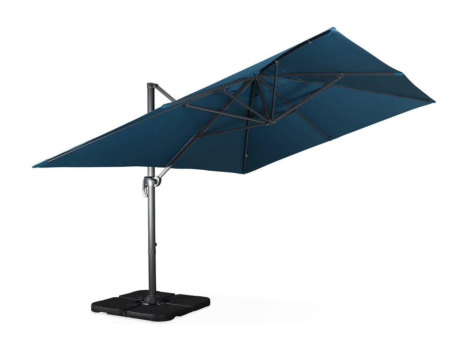 Ombrellone decentrato rettangolare 3x4m + base 50x50cm, blu