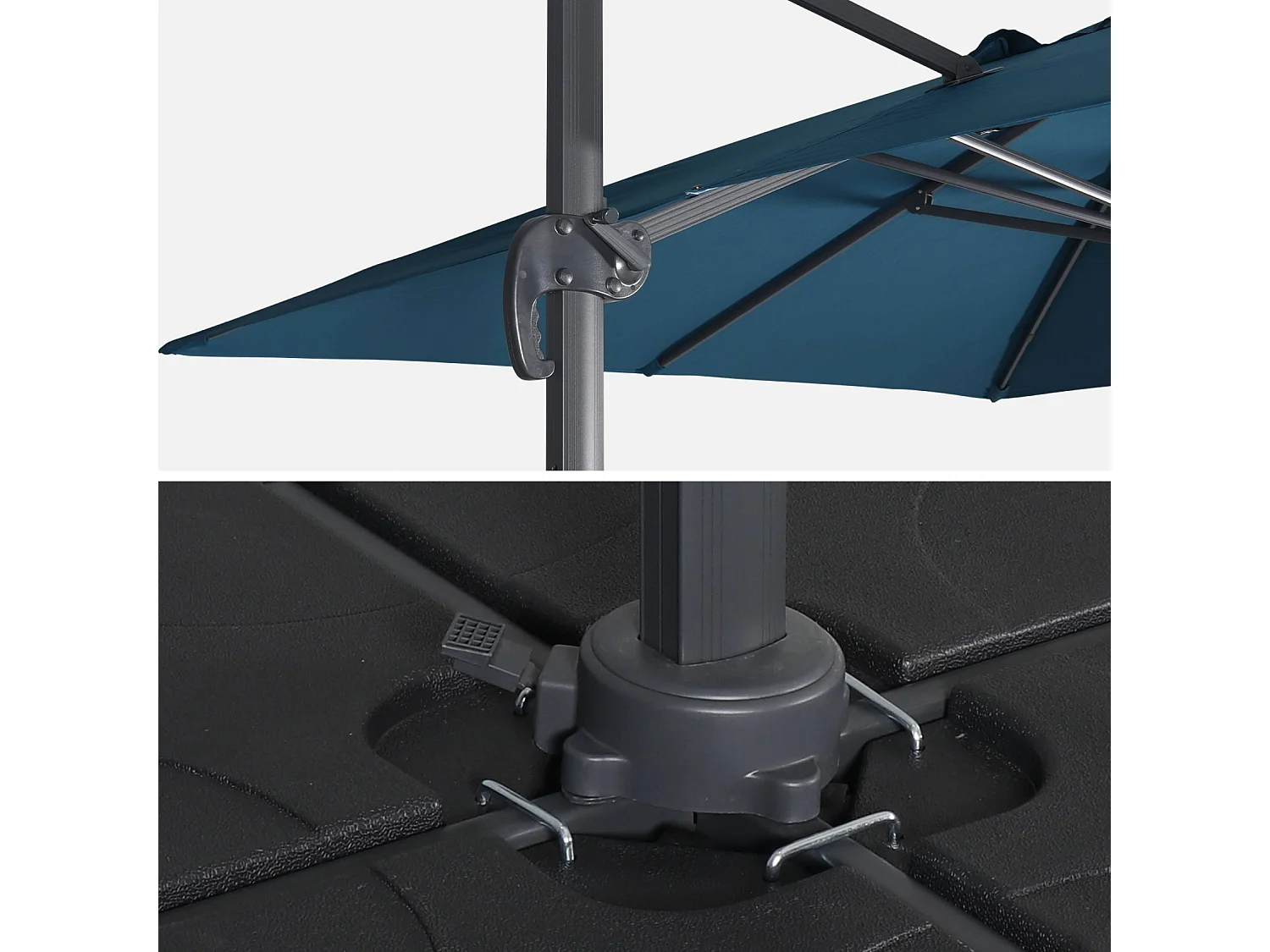 Ombrellone decentrato rettangolare 3x4m + base 50x50cm, blu