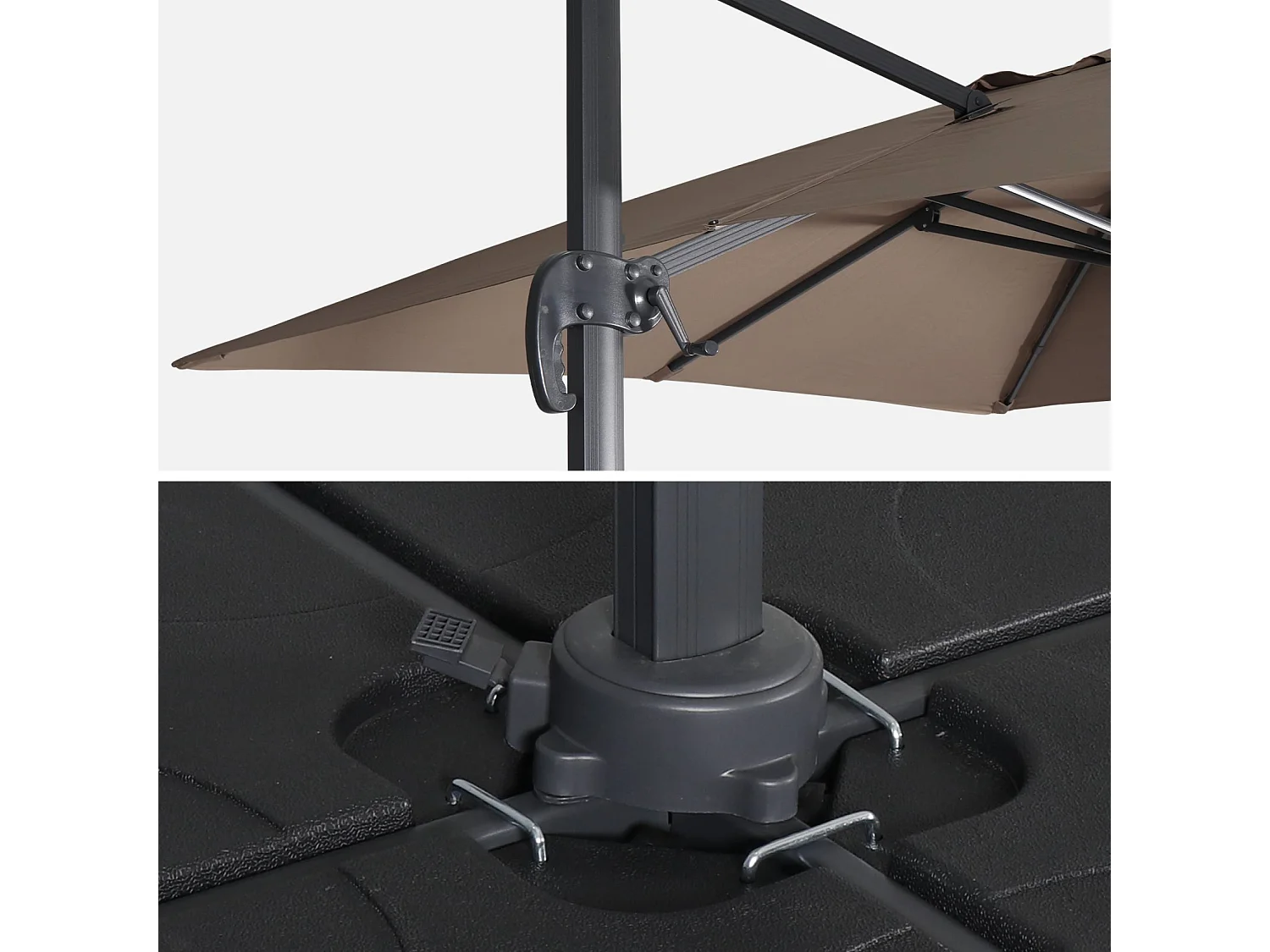 Parasol déporté rectangulaire taupe 3x4m + dalles à lester 50x50cm