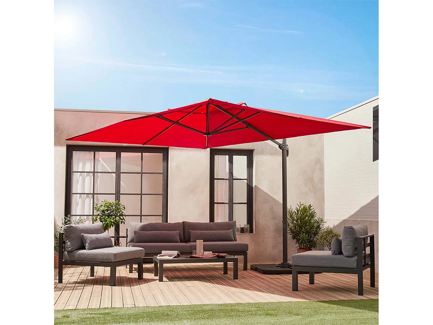 Parasol déporté rectangulaire rouge 3x4m + dalles à lester 50x50cm