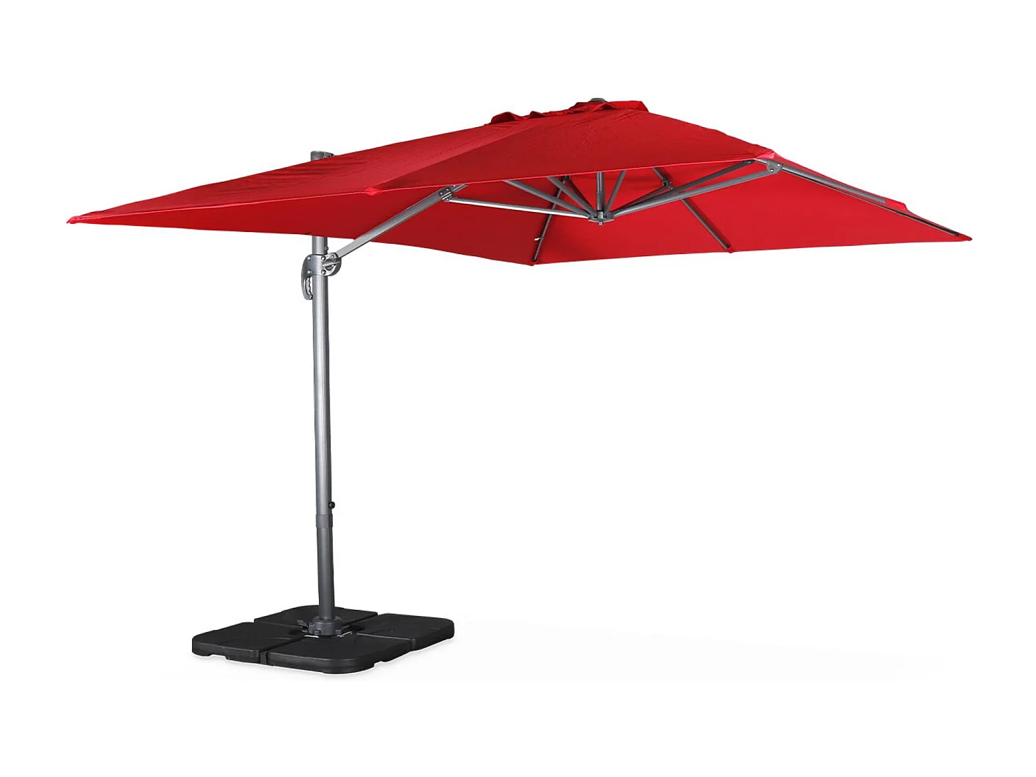 Parasol déporté rectangulaire rouge 3x4m + dalles à lester 50x50cm