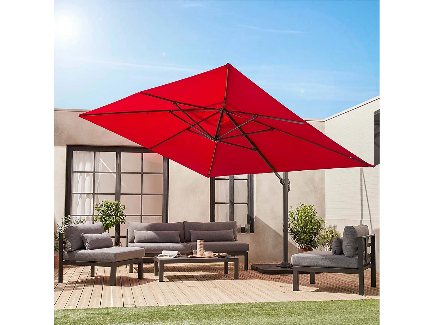 Parasol déporté rectangulaire rouge 3x4m + dalles à lester 50x50cm