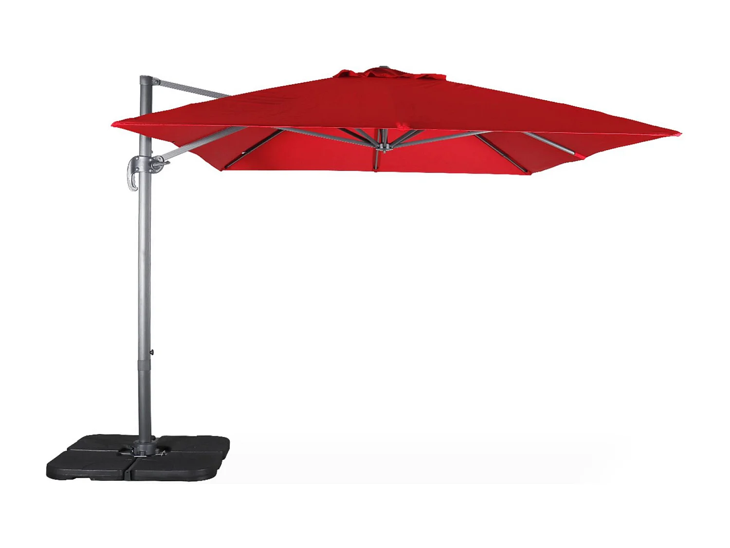 Parasol déporté rectangulaire rouge 3x4m + dalles à lester 50x50cm