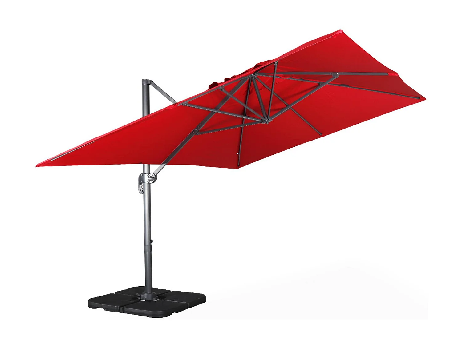 Parasol déporté rectangulaire rouge 3x4m + dalles à lester 50x50cm