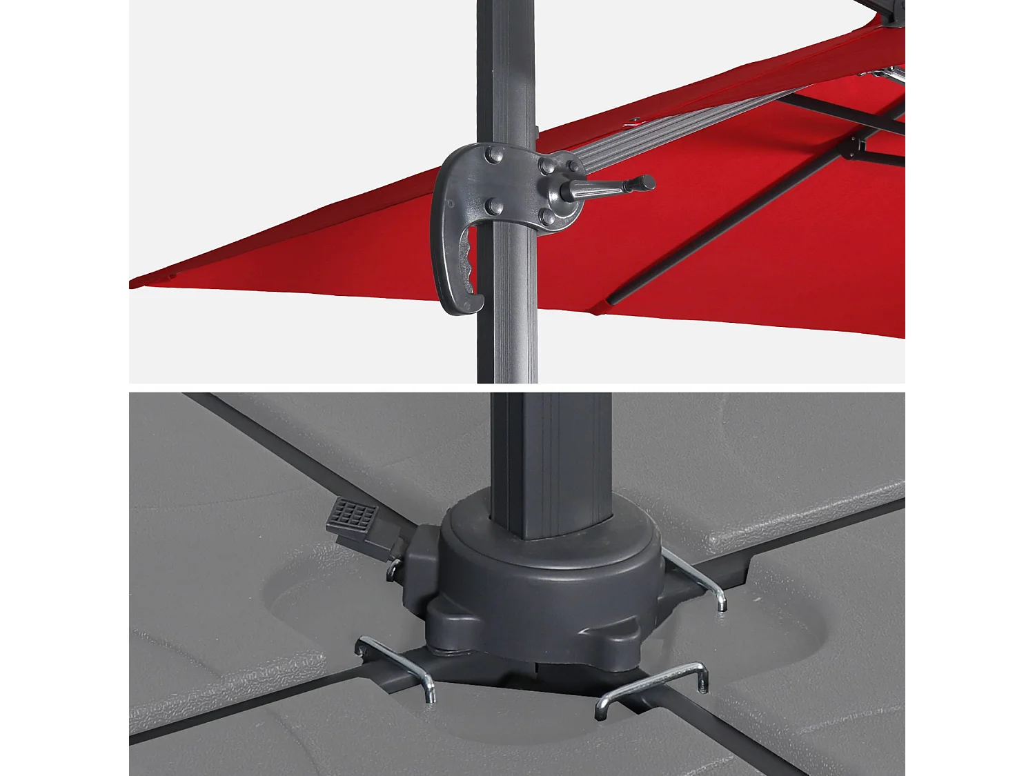 Parasol déporté rectangulaire rouge 3x4m + dalles à lester 50x50cm