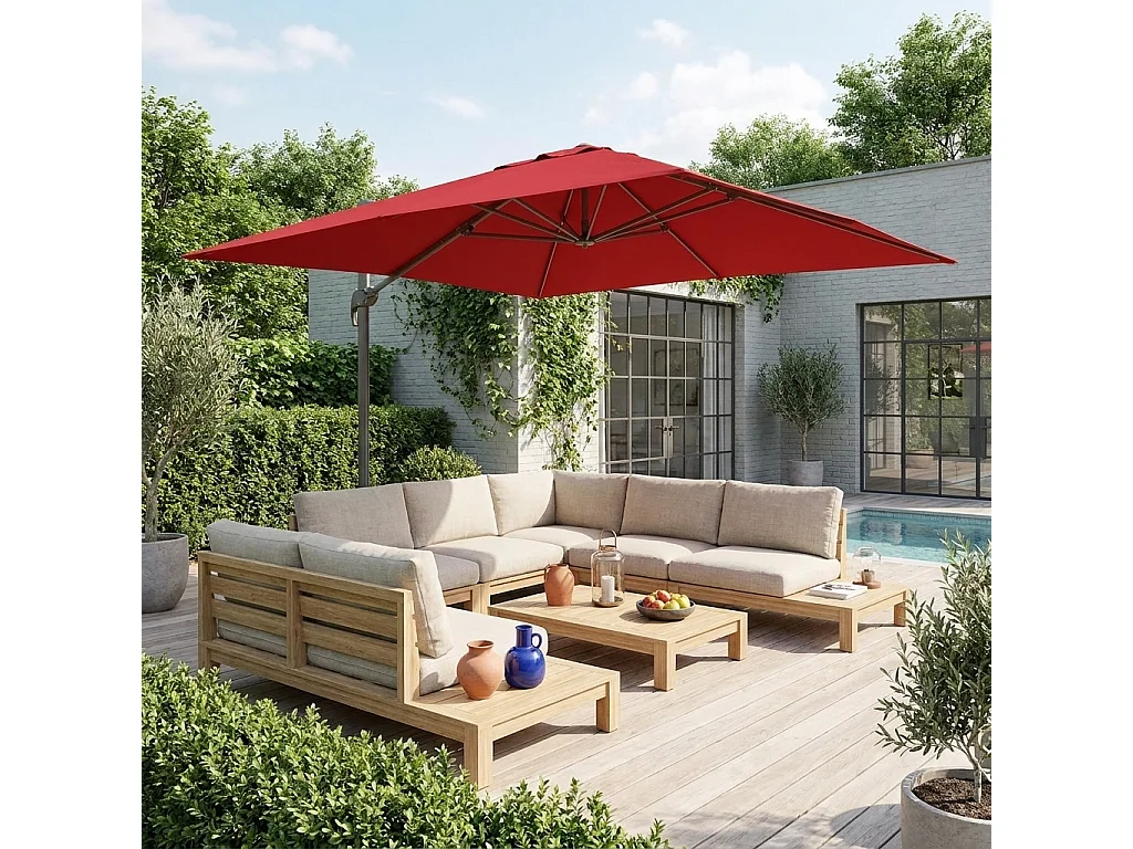 Parasol déporté rectangulaire 3x4m - Wimereux - rouge- Parasol excentré inclinable dans 55 positions. rotatif à 360°.