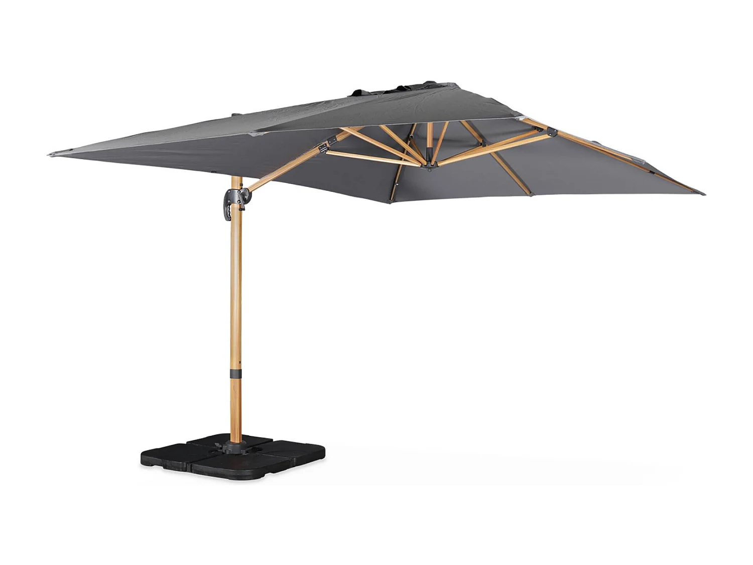Parasol déporté rectangulaire gris 3x4m. mât effet bois + Dalles à lester 50x50cm