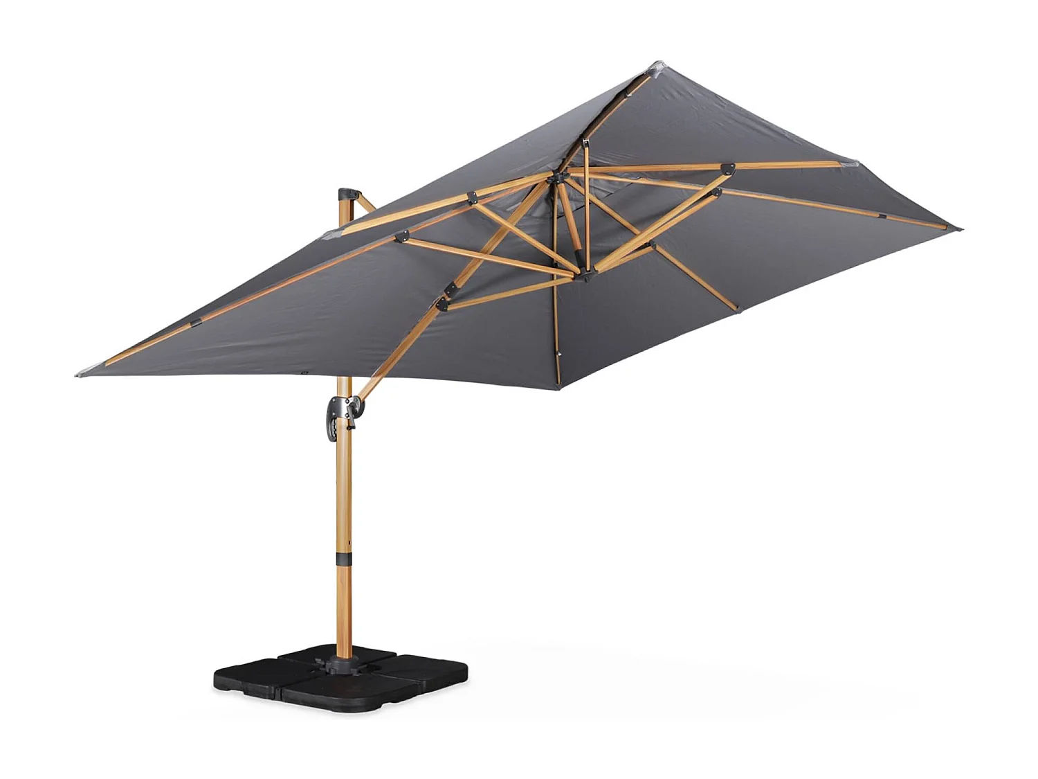 Parasol déporté rectangulaire gris 3x4m. mât effet bois + Dalles à lester 50x50cm