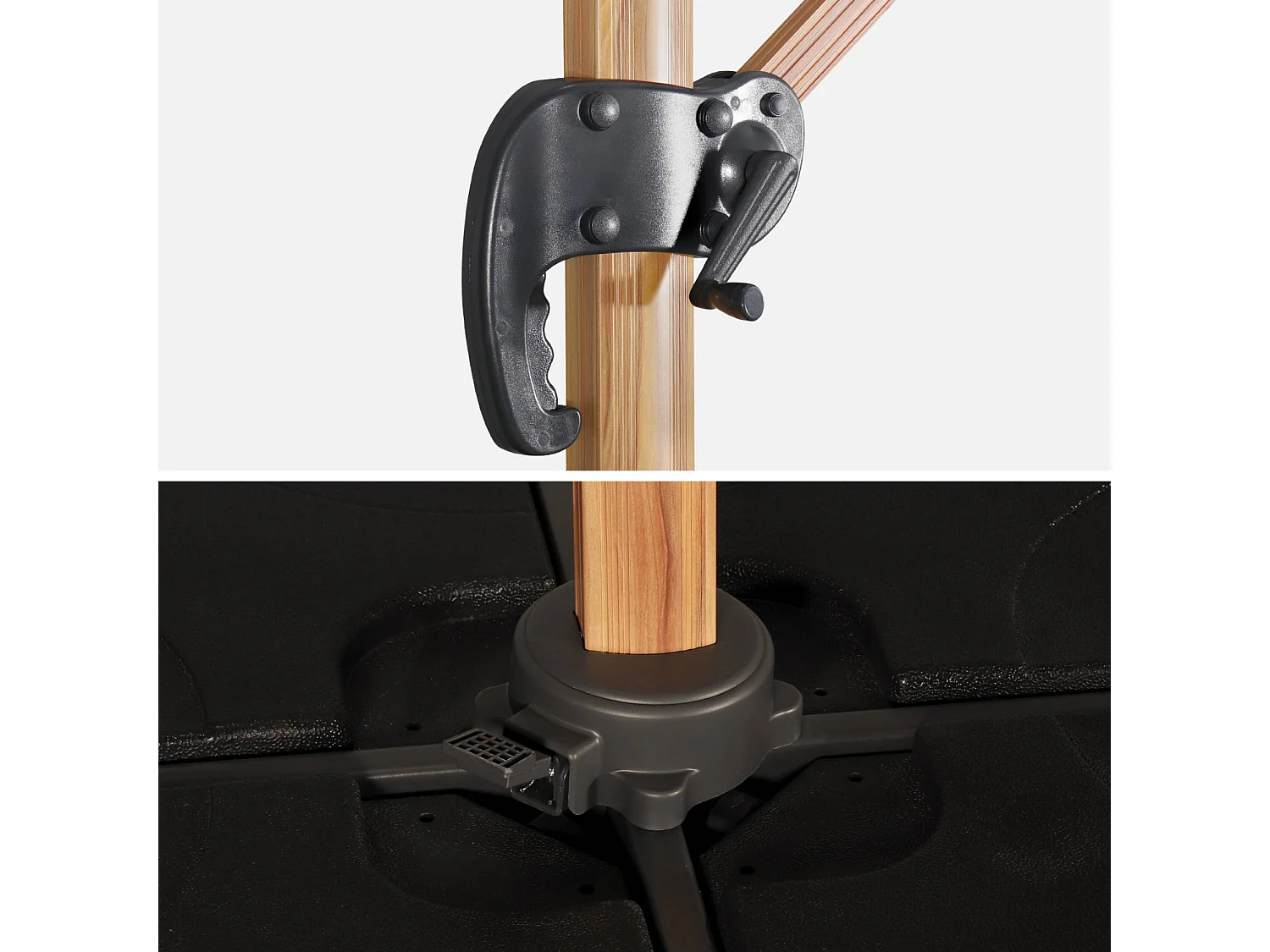 Parasol déporté rectangulaire gris 3x4m. mât effet bois + Dalles à lester 50x50cm