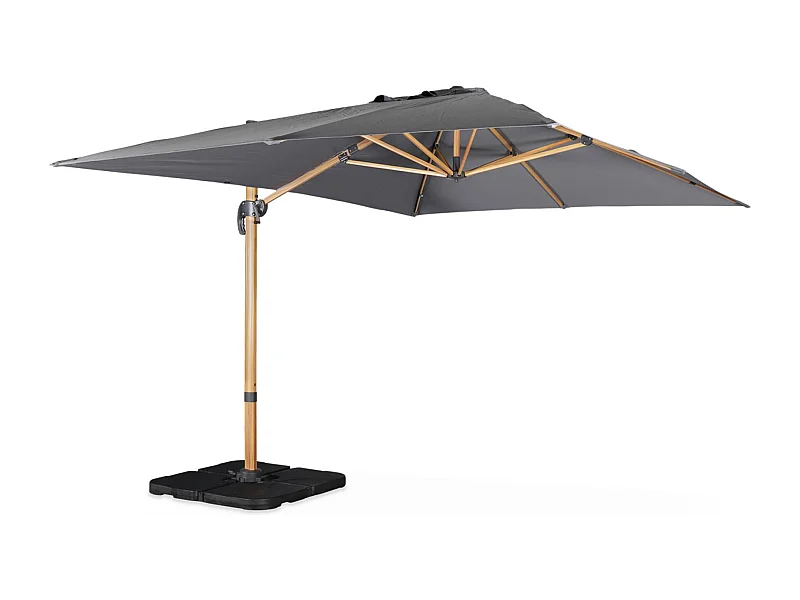 Parasol déporté rectangulaire gris 3x4m. mât effet bois + Dalles à lester 50x50cm