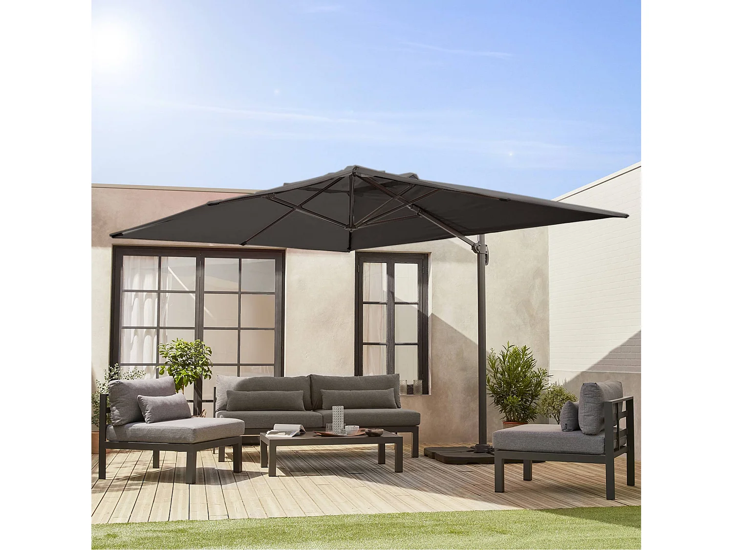 Parasol rectangular excéntrico, 3x4m + losas 50x50cm gris