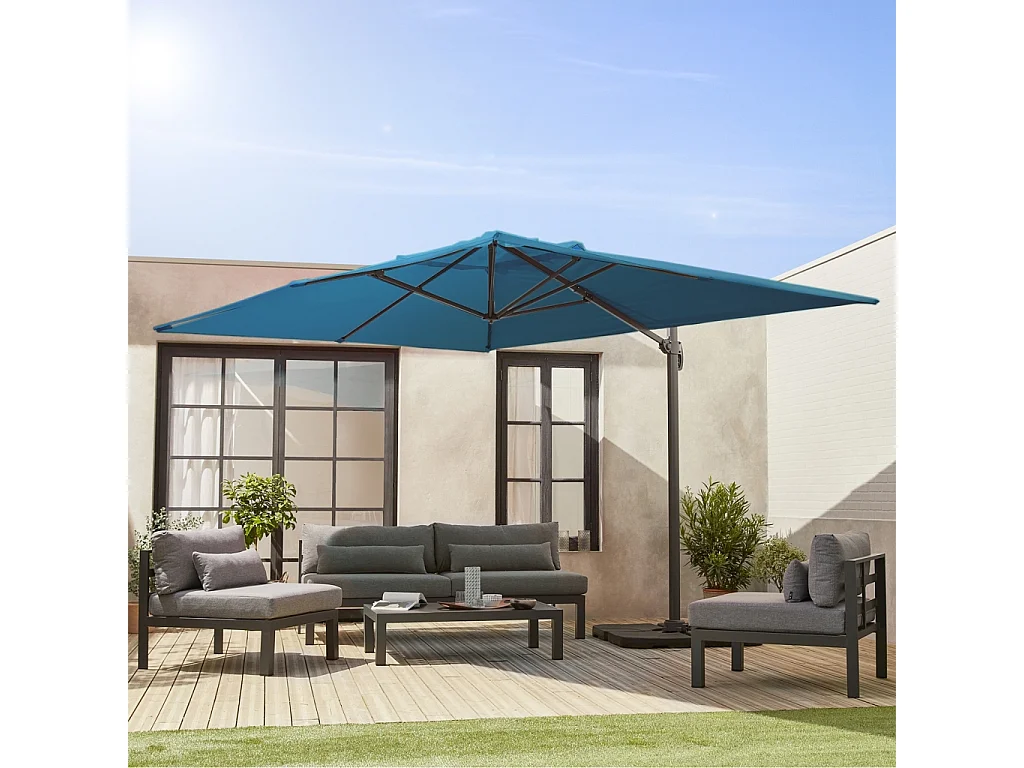 Parasol déporté rectangulaire 3x4 m - Wimereux - bleu canard- Parasol excentré inclinable dans 5 positions. rotatif à 360°.