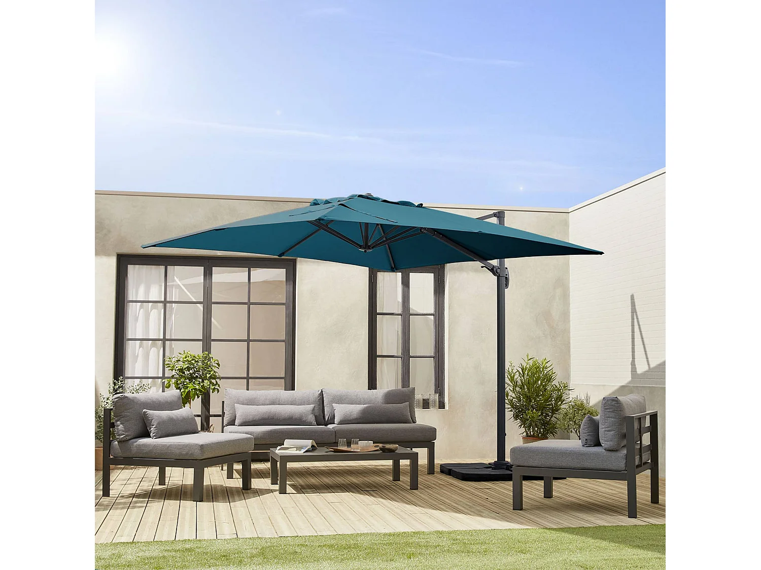 Ombrellone 3x3m quadrato decentrato , blu