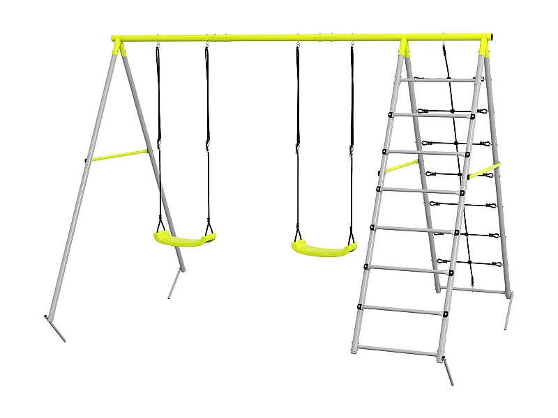Balançoire portique 4 agrès - 2 balançoires, 2 échelles - dim. 2,6L x 1,85l x 1,8H m - métal époxy PE gris vert
