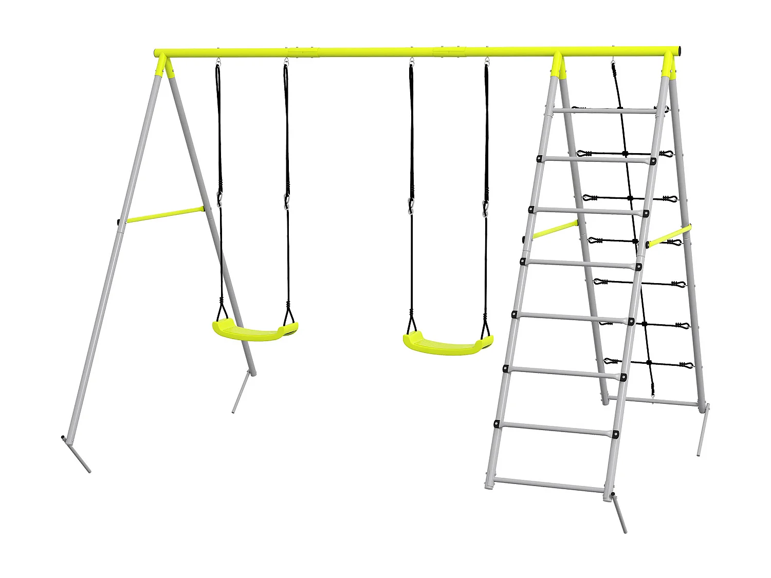 Balançoire portique 4 agrès - 2 balançoires, 2 échelles - dim. 2,6L x 1,85l x 1,8H m - métal époxy PE gris vert