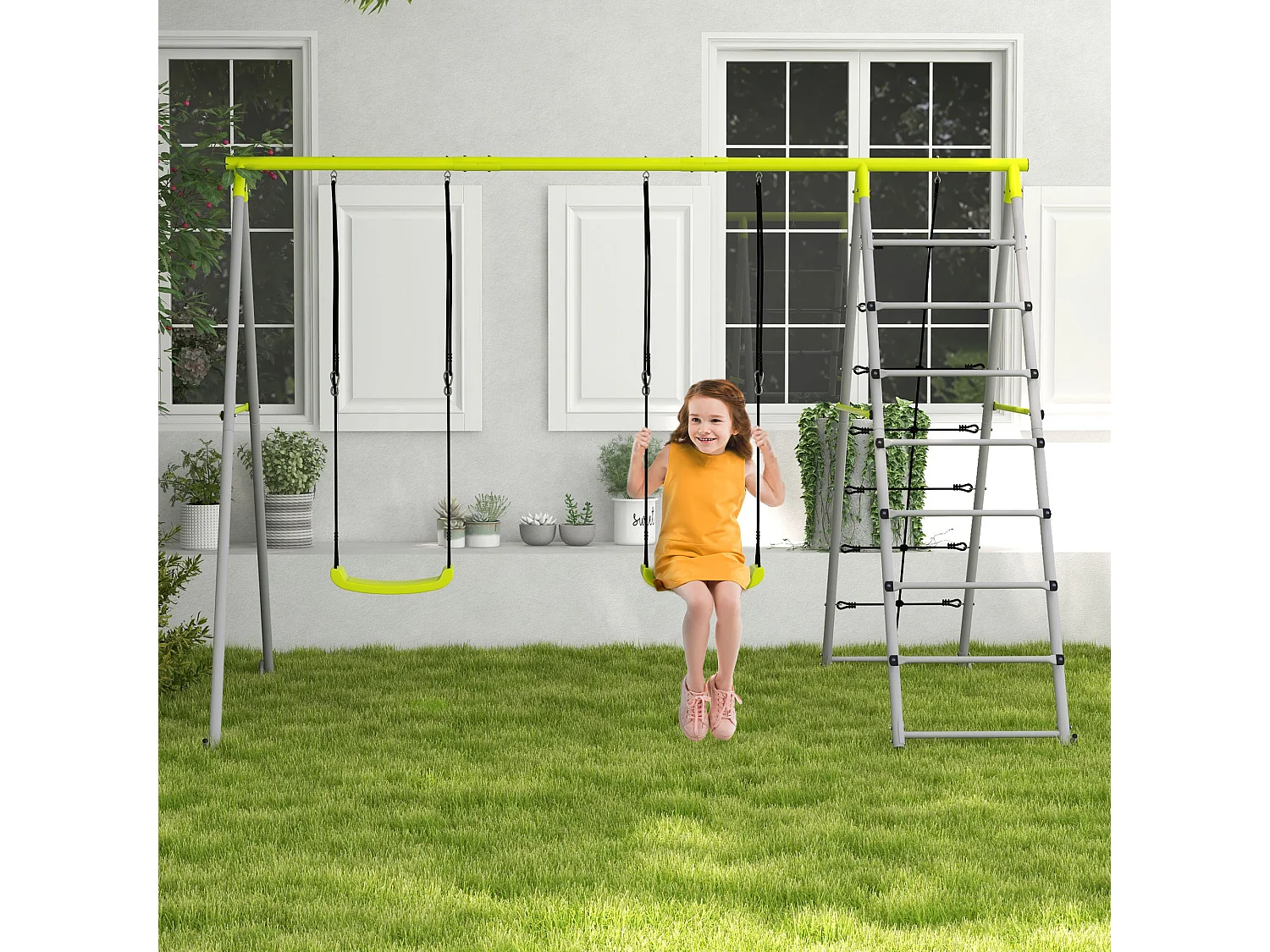 Balançoire portique 4 agrès - 2 balançoires, 2 échelles - dim. 2,6L x 1,85l x 1,8H m - métal époxy PE gris vert