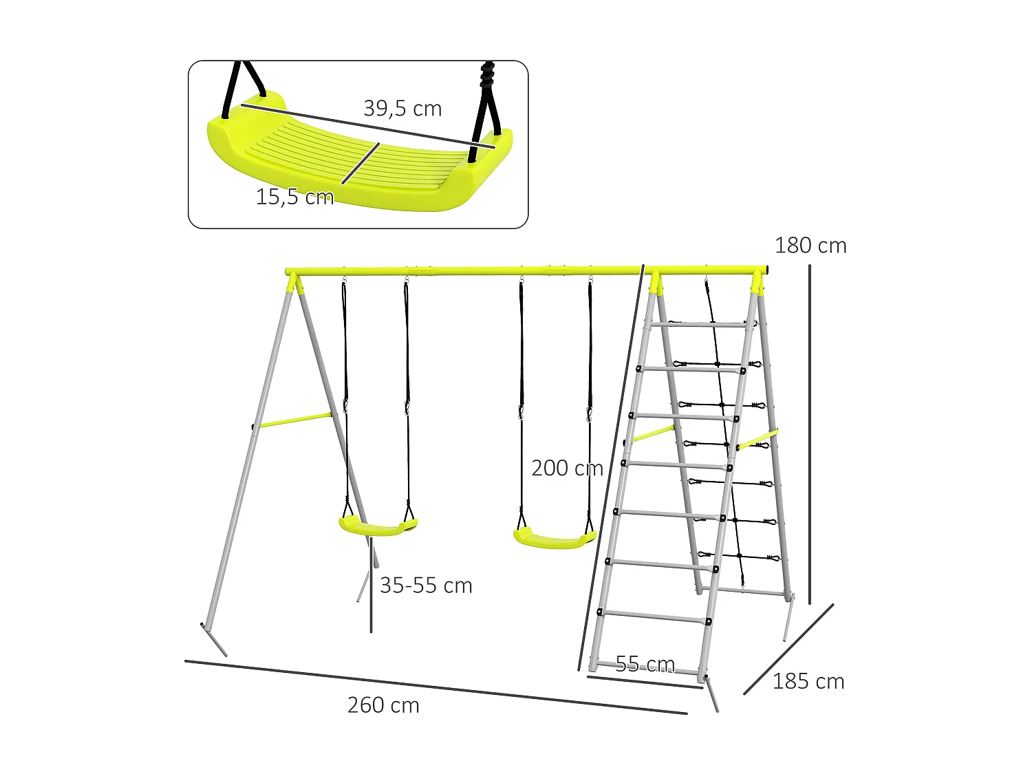 Balançoire portique 4 agrès - 2 balançoires, 2 échelles - dim. 2,6L x 1,85l x 1,8H m - métal époxy PE gris vert