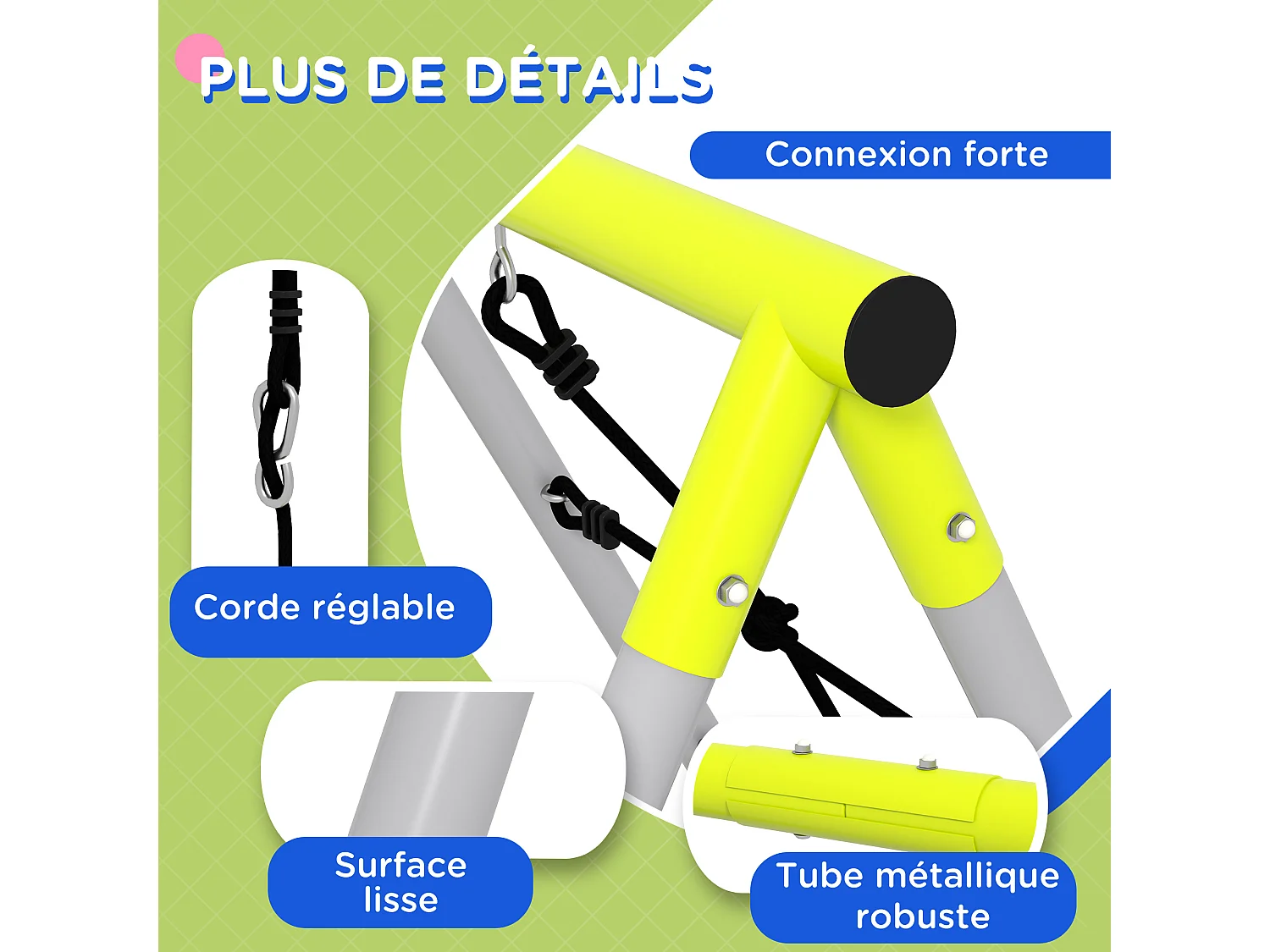 Balançoire portique 4 agrès - 2 balançoires, 2 échelles - dim. 2,6L x 1,85l x 1,8H m - métal époxy PE gris vert