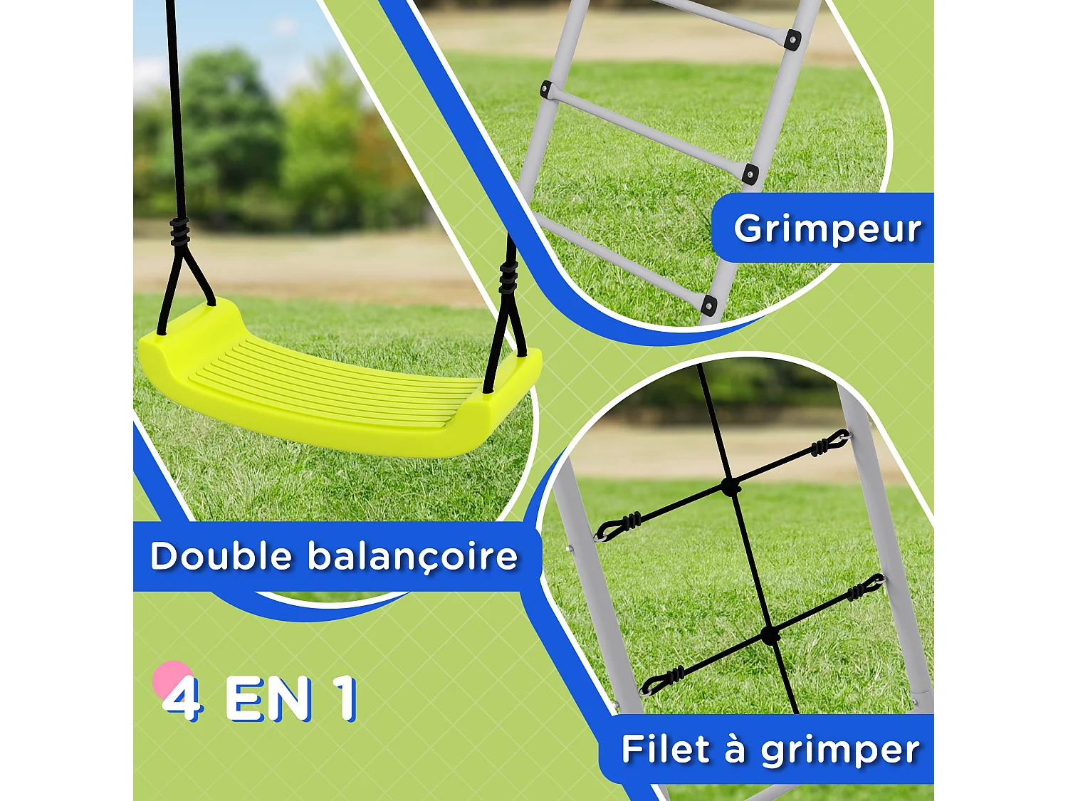 Balançoire portique 4 agrès - 2 balançoires, 2 échelles - dim. 2,6L x 1,85l x 1,8H m - métal époxy PE gris vert