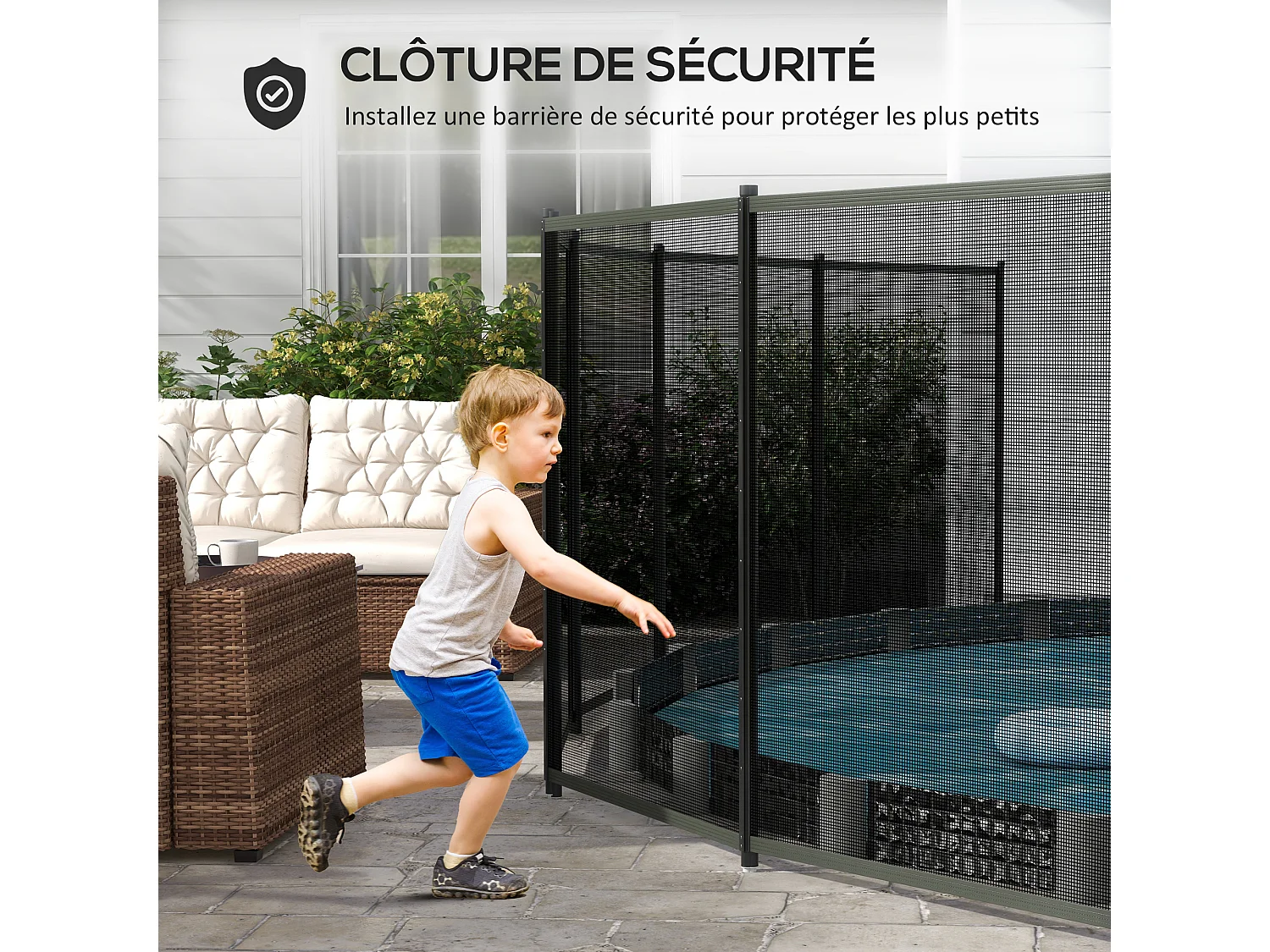 Clôture barrière de sécurité pour piscine - lot de 4 panneaux - dim. totales 365L x 126H cm - alu textilène noir