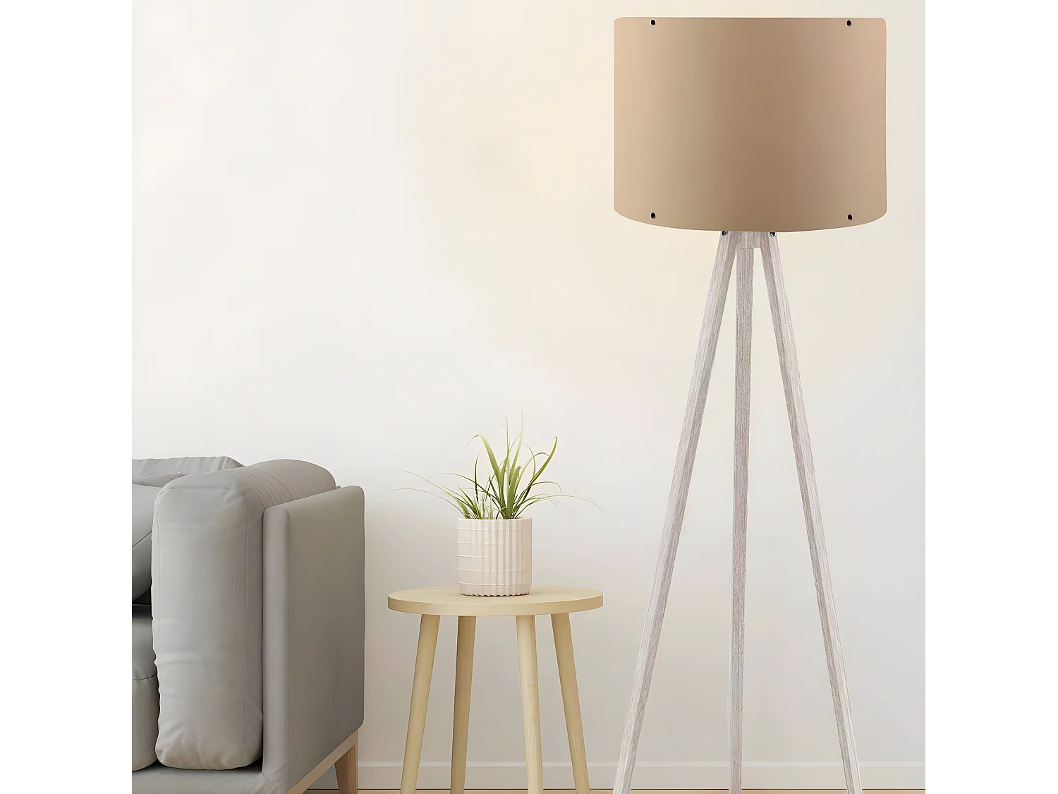 Lampadaire trépied Luca 145cm Tissu Blanc et Bois Blanc Blanc créme
