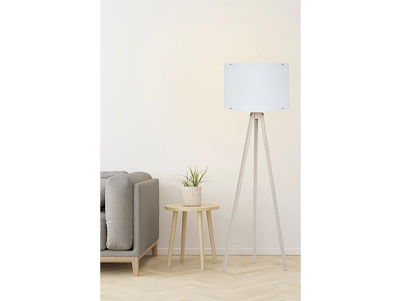 Lampadaire trépied Luca 145cm Tissu Blanc et Bois Blanc Blanc créme