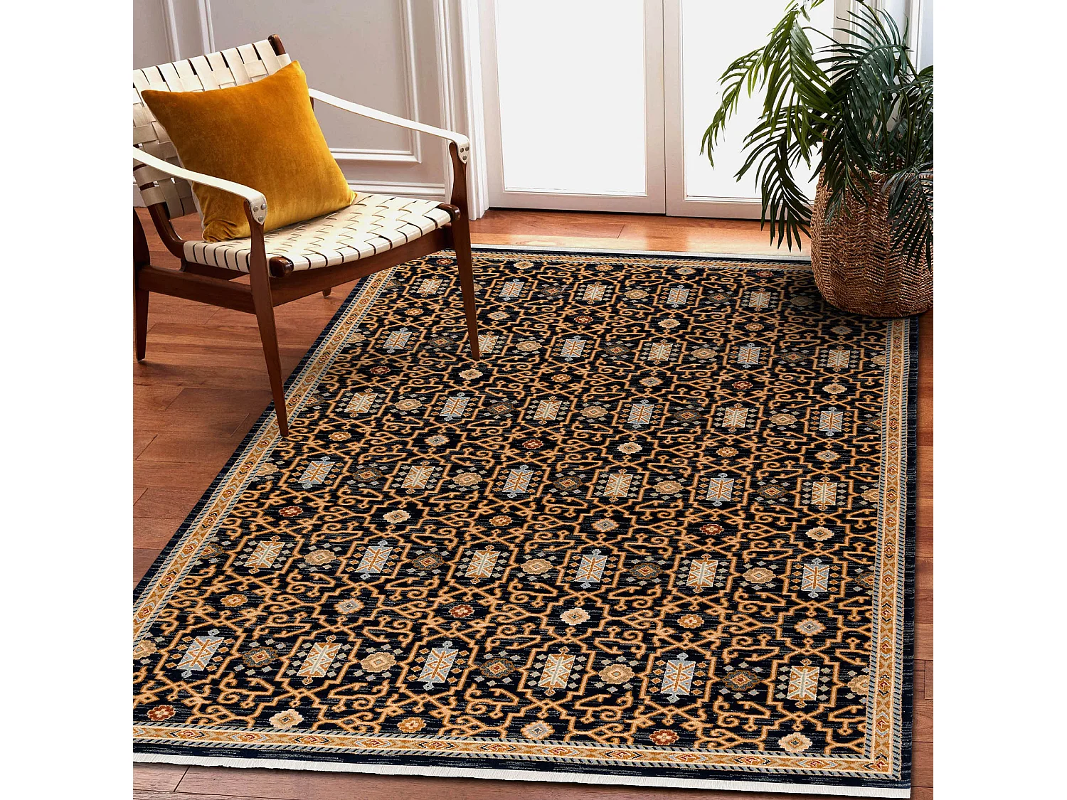 Tapis KESHAN franges, oriental classique 7680/53511 beige / bleu fonc� 300x380 cm