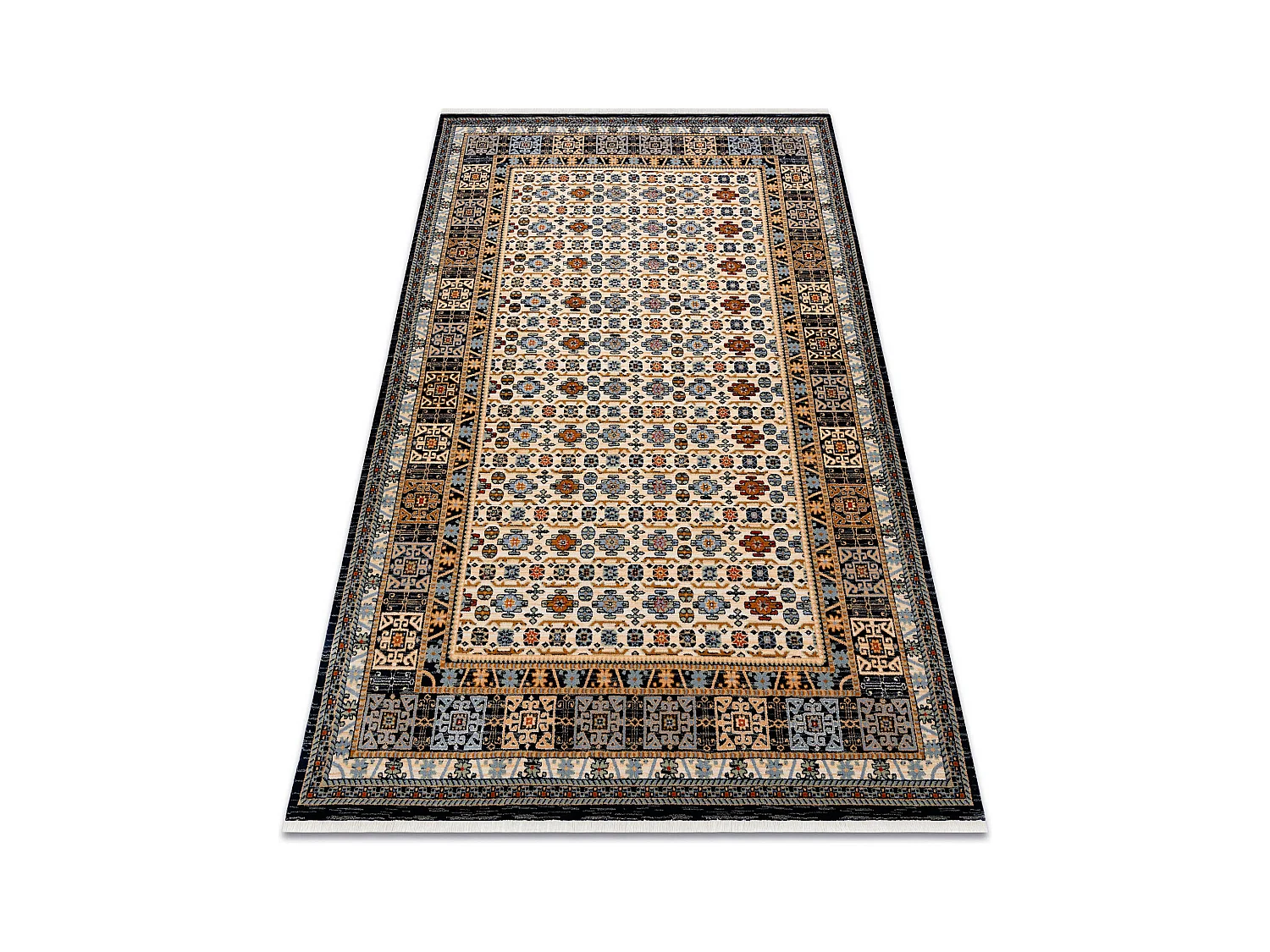 Tapis KESHAN franges, Cadre oriental 6428/53551 beige / bleu foncé 300x380 cm