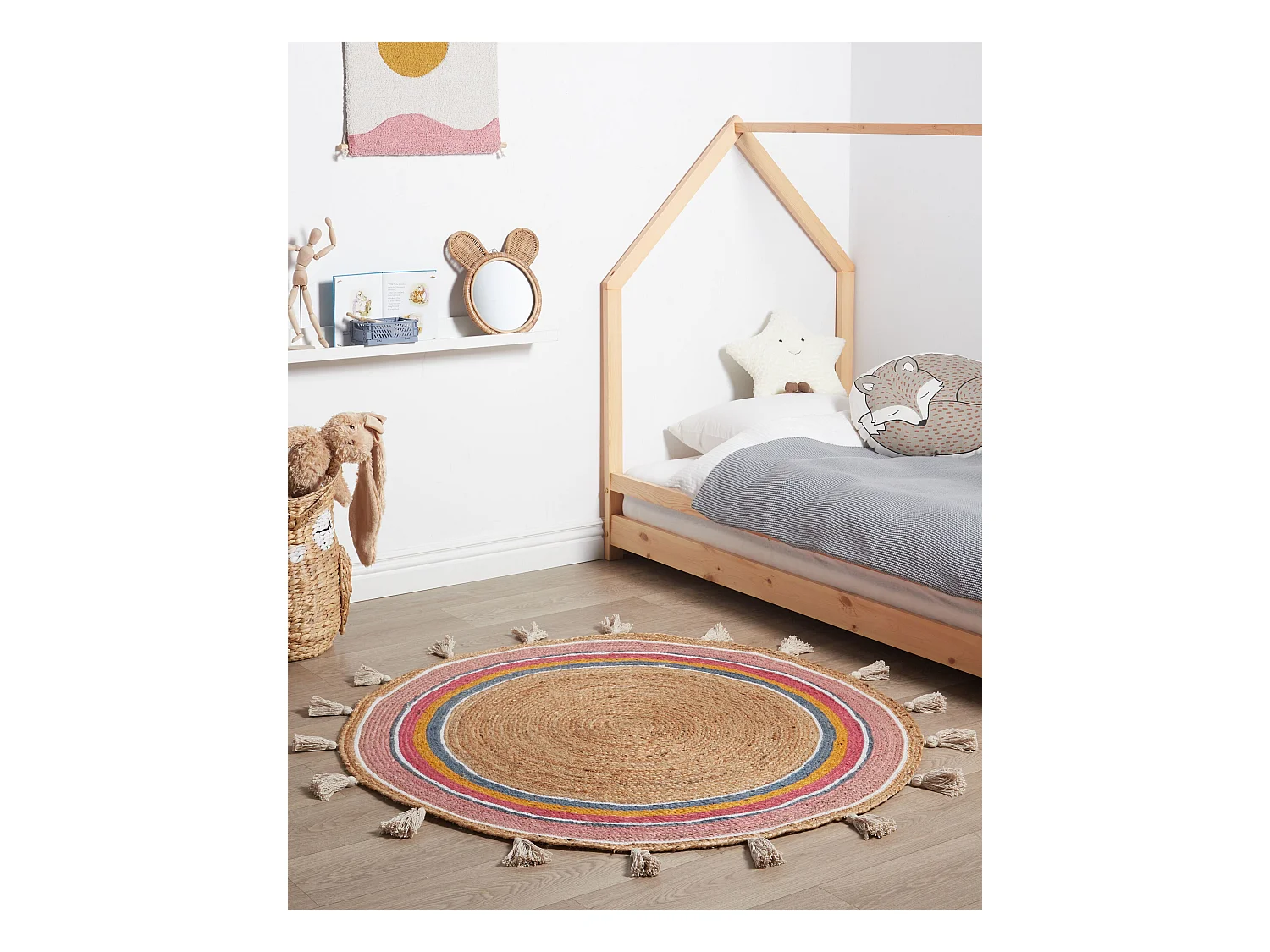 Teppich Jute beige rund 120 cm Kreise bunt Quasten Kurzflor handgewebt Zanavi