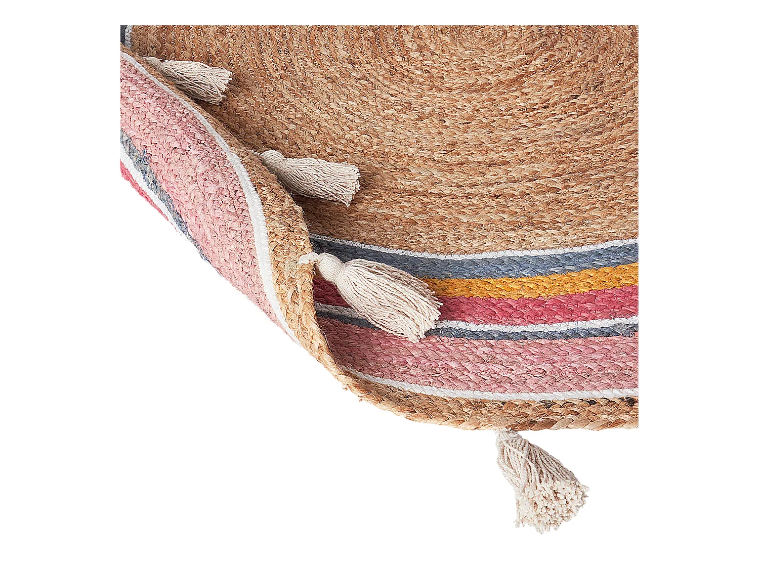 Teppich Jute beige rund 120 cm Kreise bunt Quasten Kurzflor handgewebt Zanavi