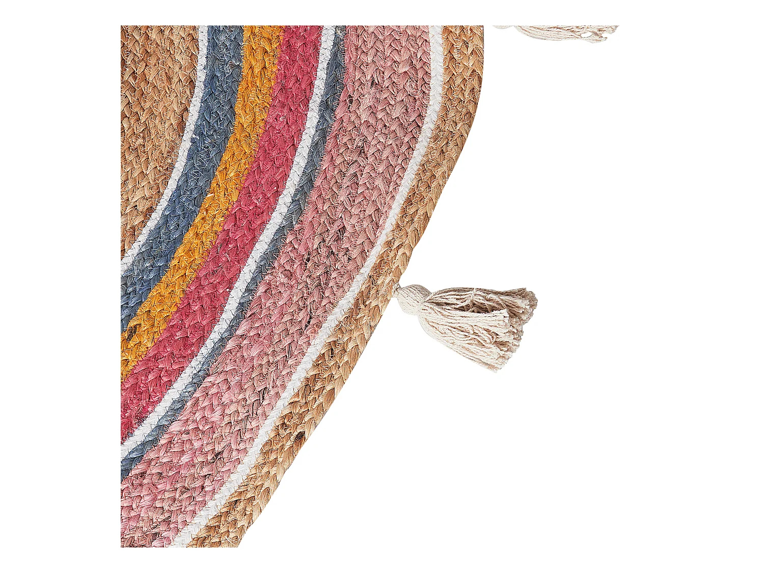 Teppich Jute beige rund 120 cm Kreise bunt Quasten Kurzflor handgewebt Zanavi