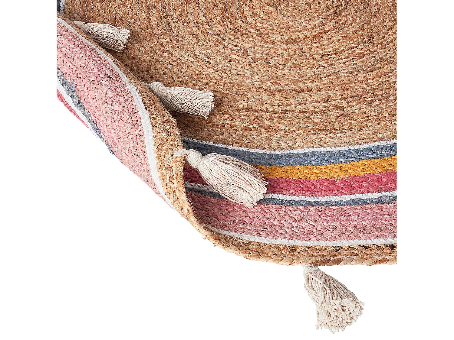 Teppich Jute beige rund 120 cm Kreise bunt Quasten Kurzflor handgewebt Zanavi