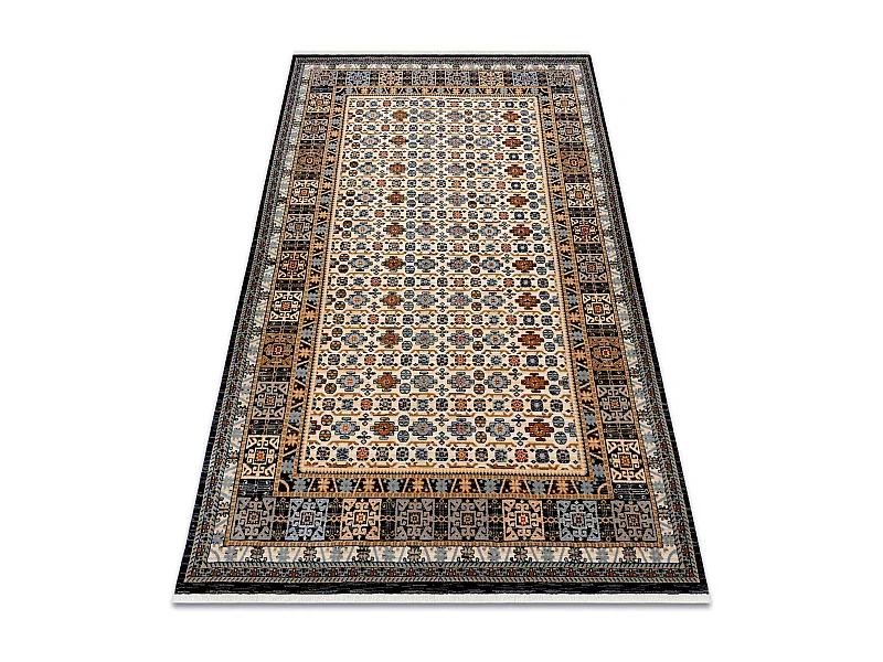 Tapis KESHAN franges, Cadre oriental 6428/53551 beige / bleu foncé 250x340 cm